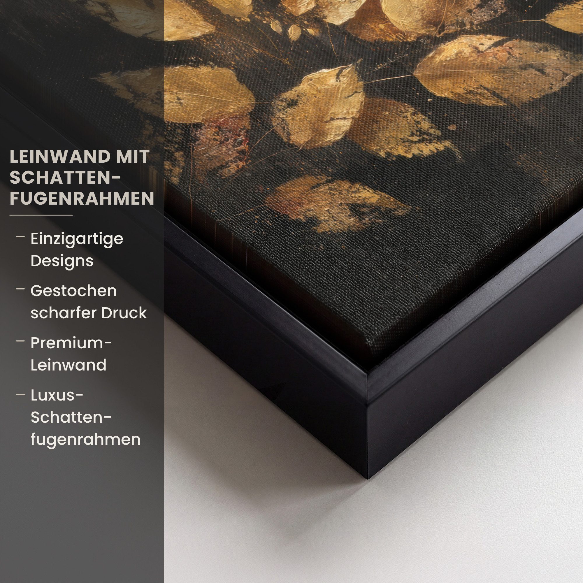 OneMillionCanvasses® Leinwandbild mit Rahmen - Goldene Blätter auf dunklem Hintergrund, Fotodruck (1 St), Leinwand Bilder Klein, Wand Dekoration Aesthetic 20x20 – Bild 3 von 5