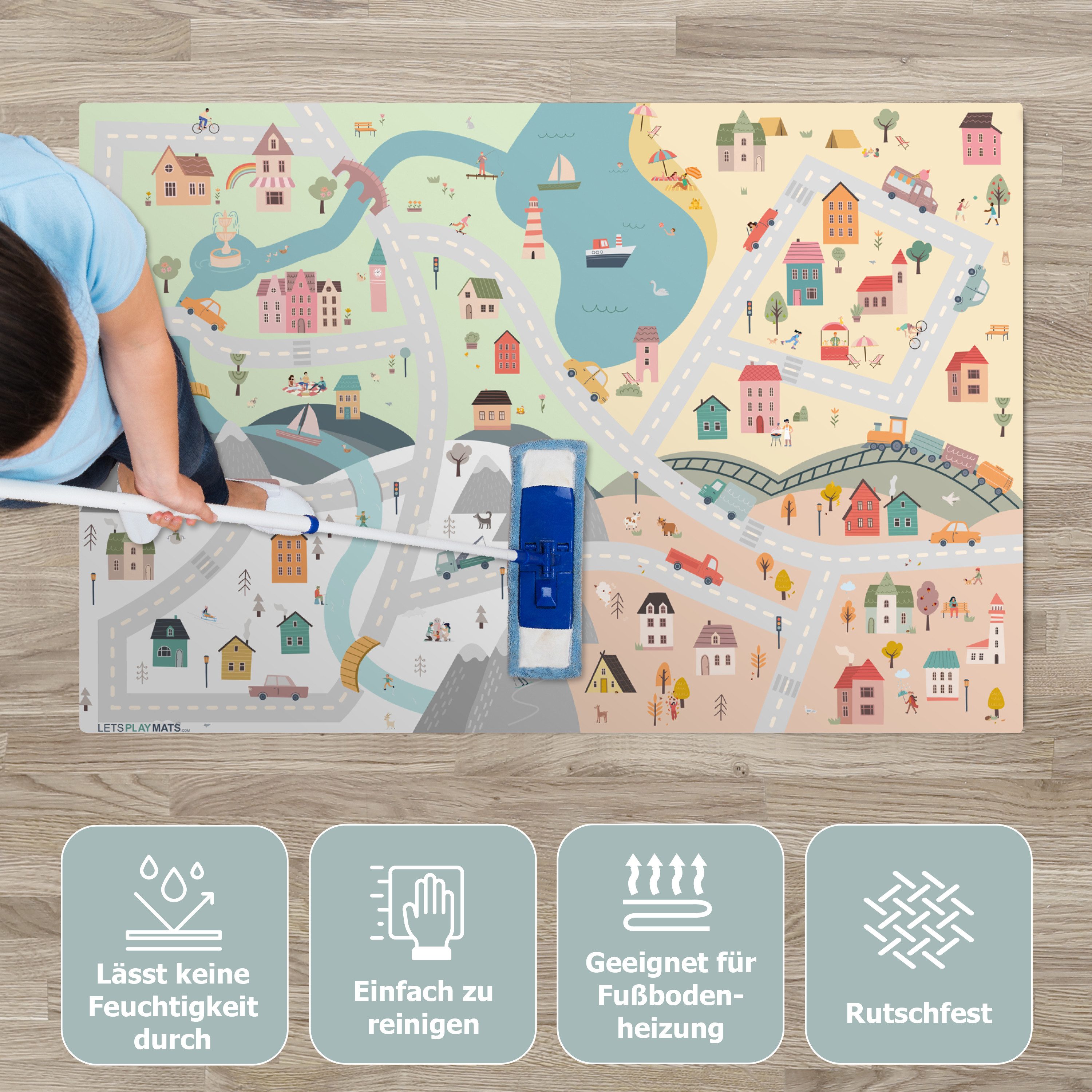 LetsPlaymats Spielmatte Jahreszeiten - Stadt - Häuser - Straße - Kinder - Auto, Krabbeldecke, Jungen, Mädchen, Babymatte, Spielunterlage, 105x70 cm – Bild 3 von 5