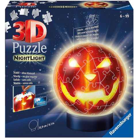 Ravensburger Puzzleball Nachtlicht Kürbiskopf, 72 Puzzleteile, mit Leuchtsockel inkl. LEDs; FSC® - schützt Wald - weltweit