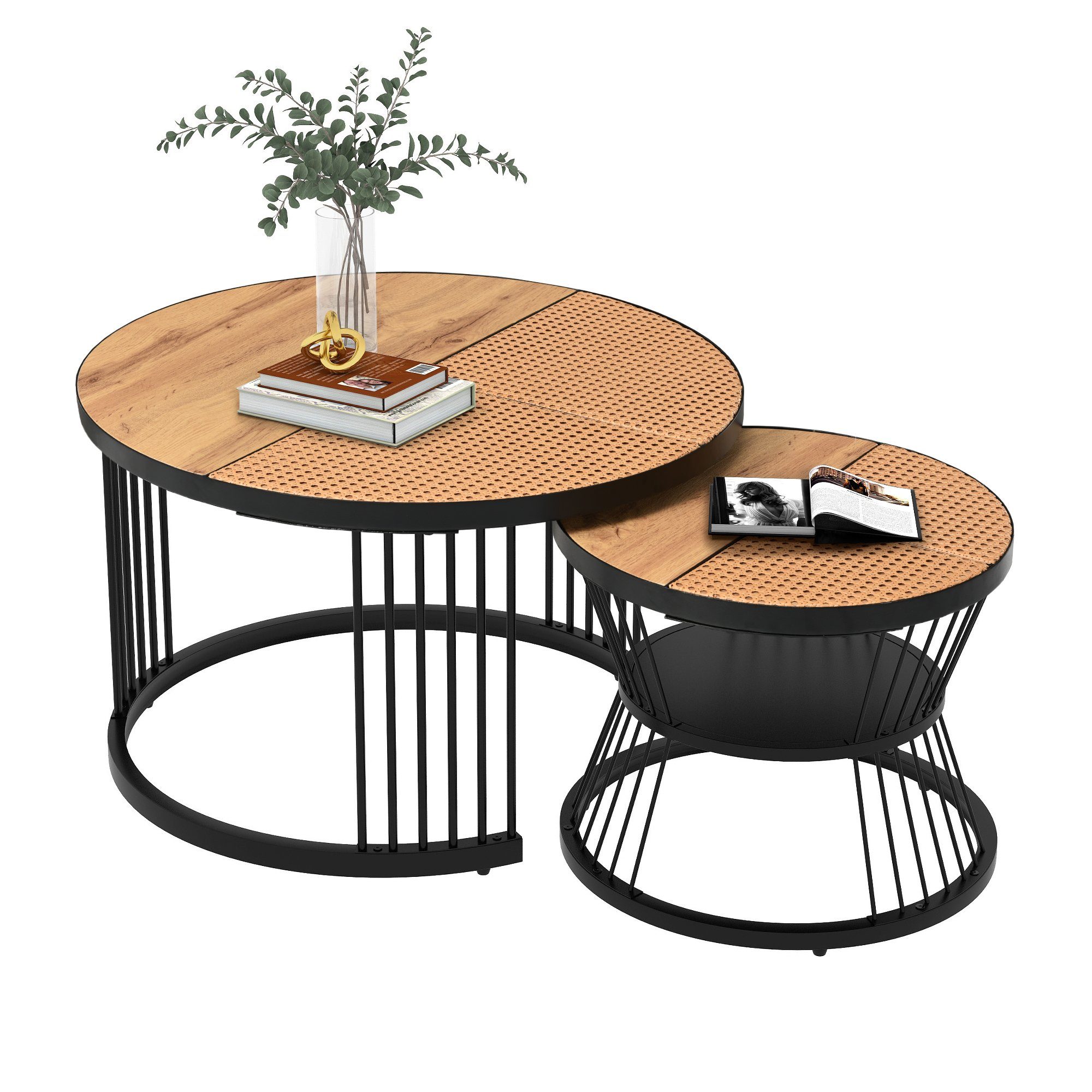 2er Set Ovale Couchtische Mit Marmorplatte - Moderne Beistelltische Mit Schubladen Schwarz