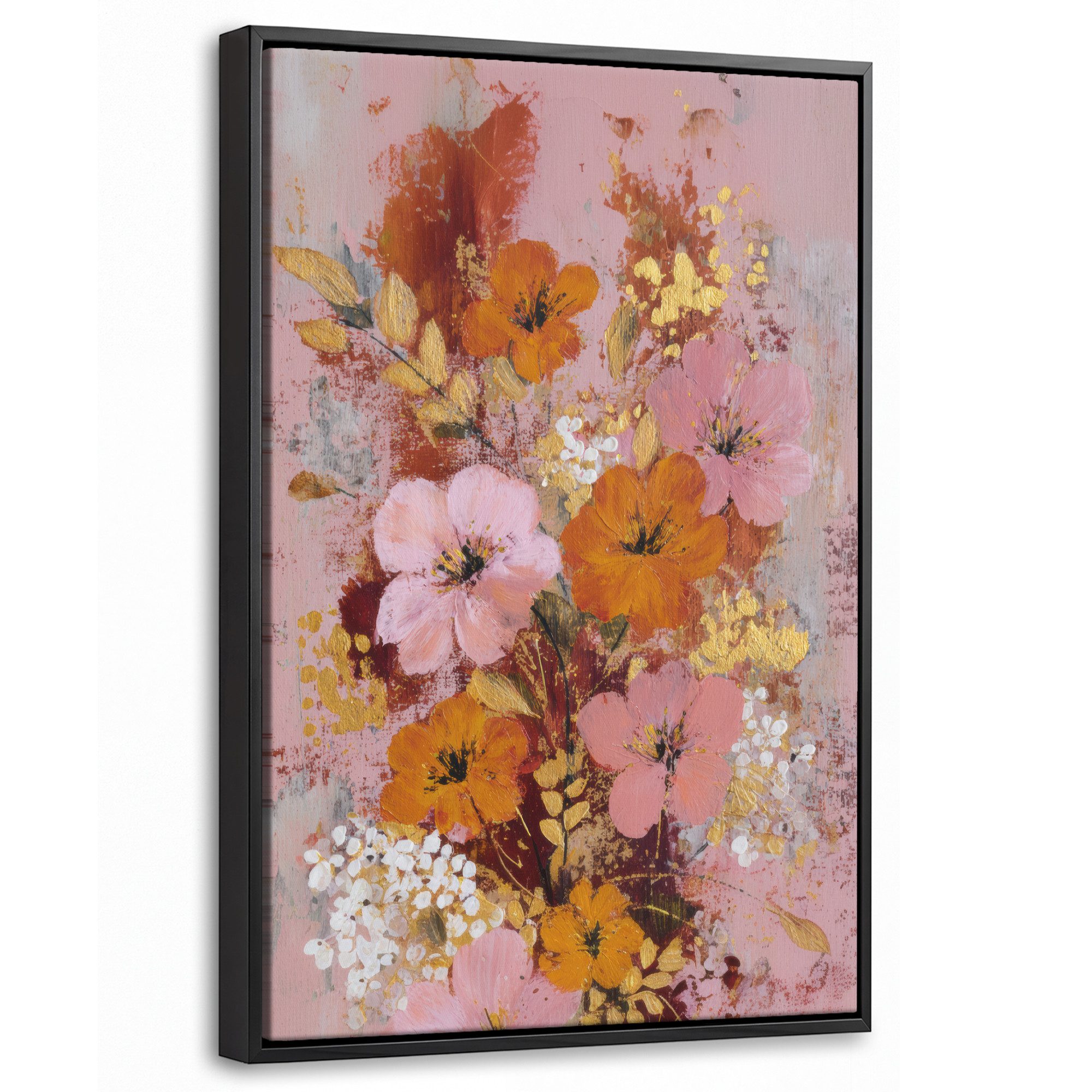 OneMillionCanvasses® Leinwandbild mit Rahmen - Malerei - Blumen - Rustikal - Rosa, Fotodruck (1 St), Deko für Wohnzimmer Schlafzimmer Küche 20x30cm