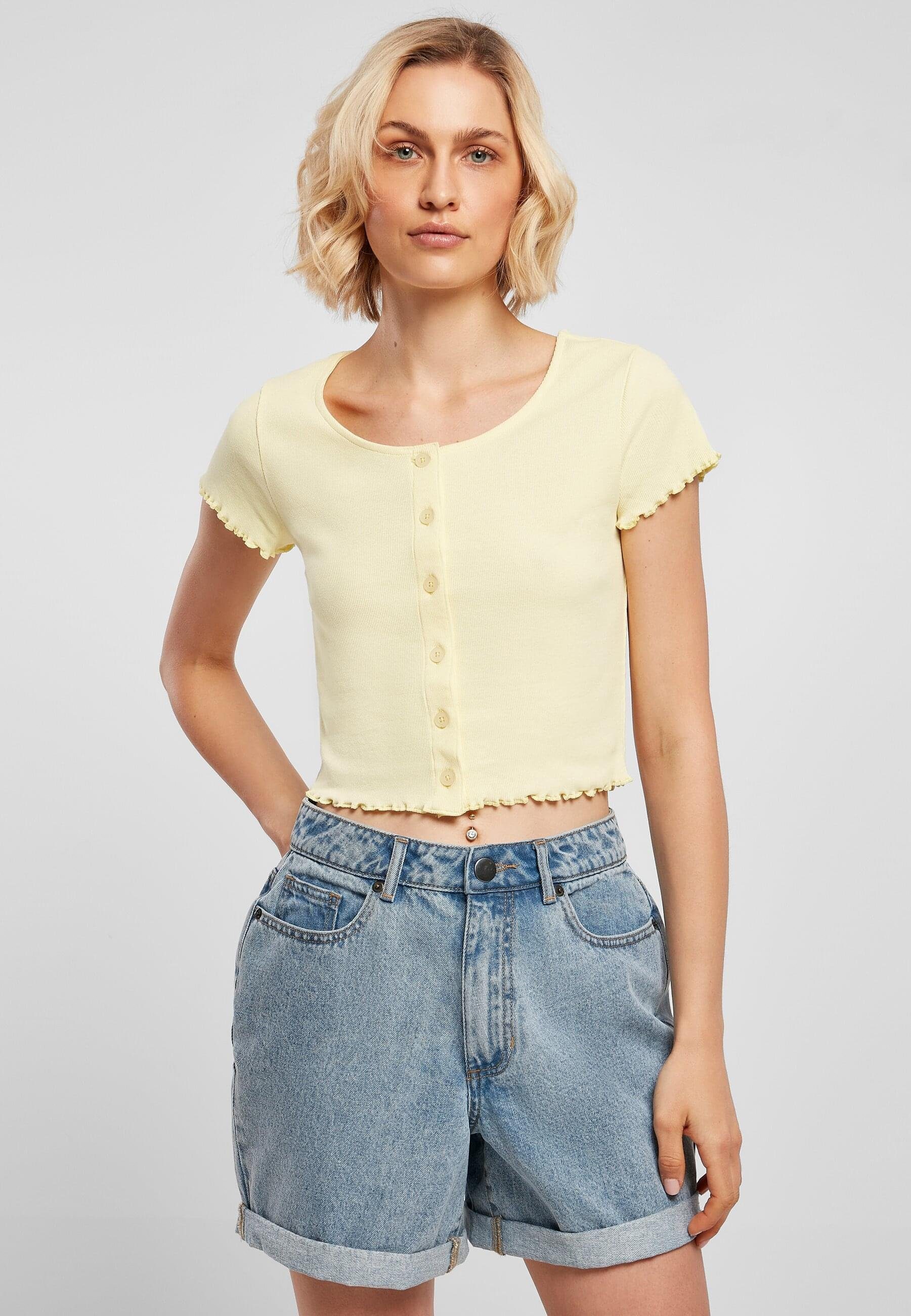 Cropped Tee URBAN Shirtjacke CLASSICS Button softyellow Ladies Damen Up (1-tlg) Rib