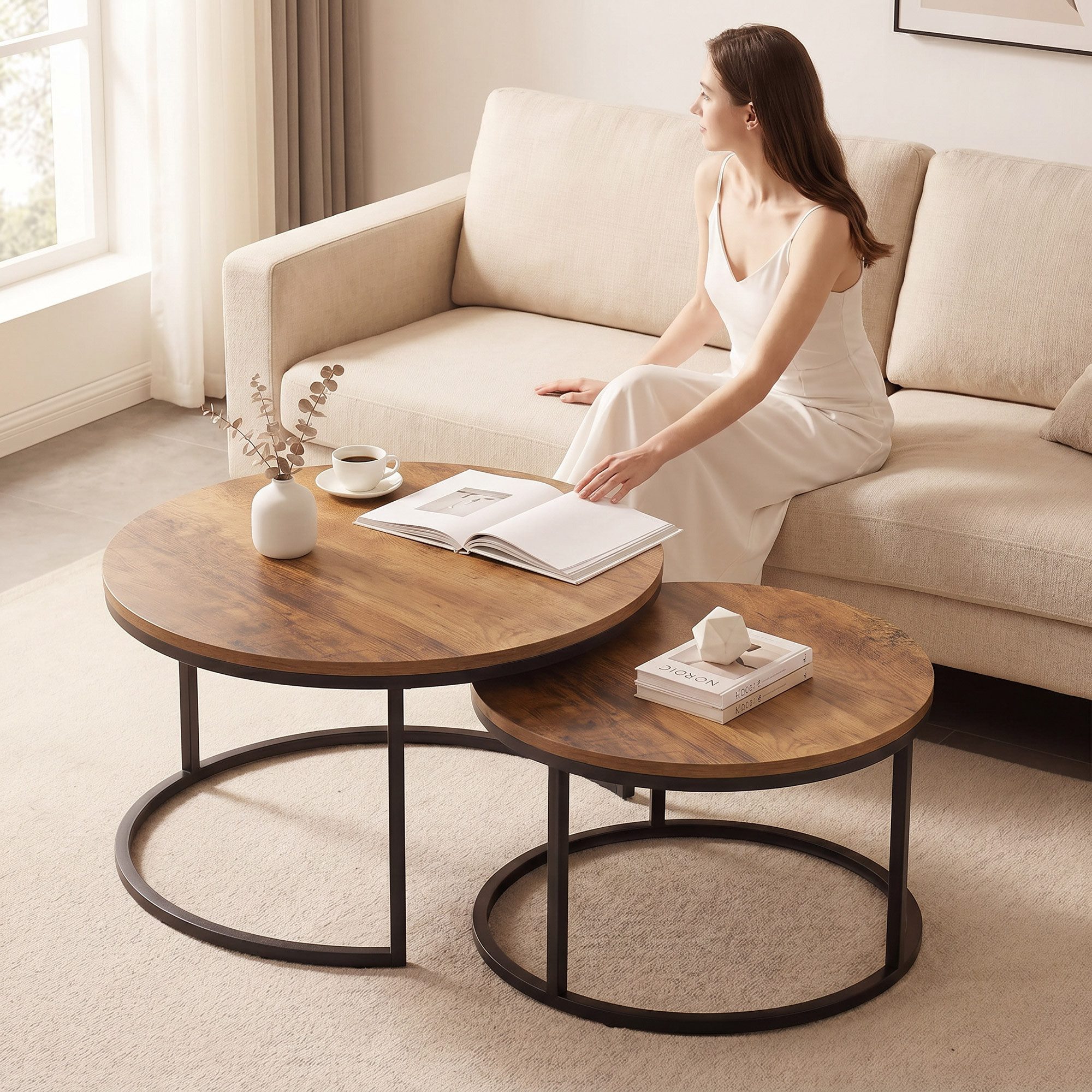 HOMCOM Couchtisch Runde Beistelltisch Kaffeetisch im Industrie-Stil mit Metallgestell (Set, 2-St., 2er-Set), für Wohnzimmer, Schlafzimmer, 60 x 60 x 45 cm, Braun