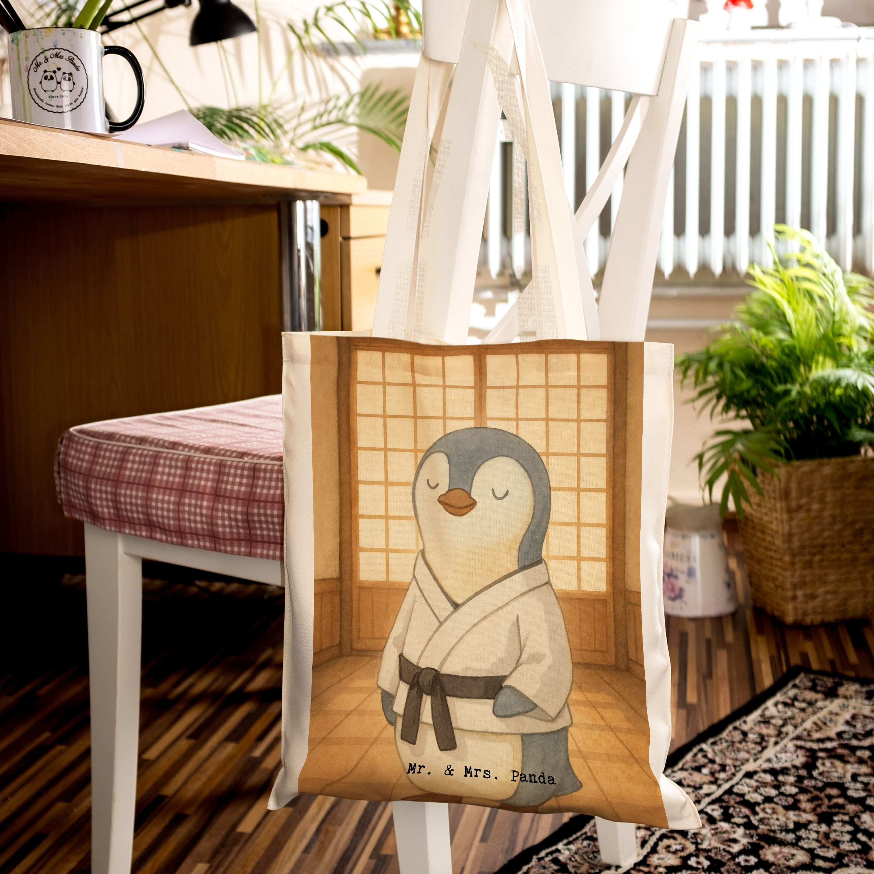 Mr. & Mrs. Panda Tragetasche Pinguin Karate Design, Jutebeutel, Weiß, Kampfkunst, Verein, Jutebeut (Packung), Unitasche Jutebeutel schulterbeutel