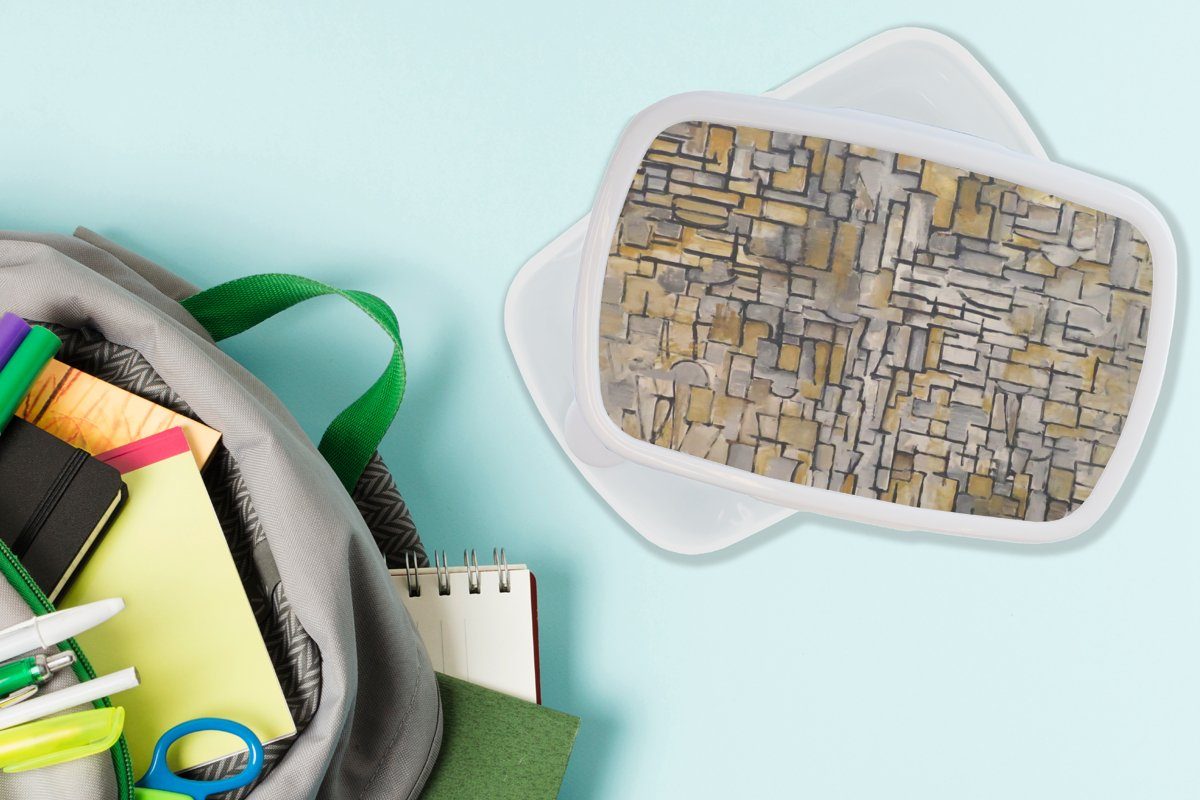 Brotbox Mondrian Brotdose, - für Kunststoff, Jungs Alte und Mädchen Kinder (2-tlg), Kunst MuchoWow Lunchbox - Meister, für Erwachsene, weiß und