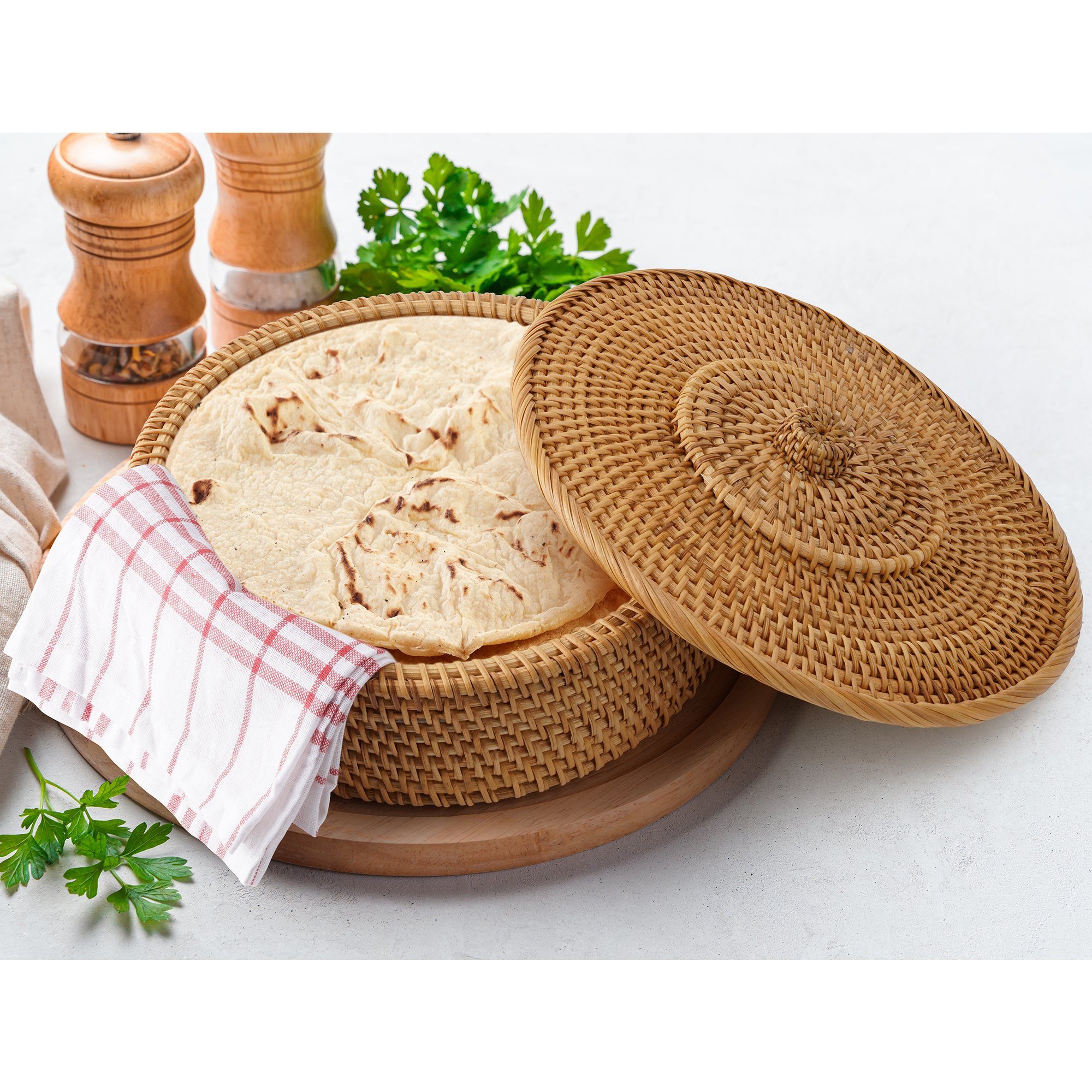 Tortillada Brotkorb Tortilla-Wärmer 26 cm, Rattan, (Set, 2-tlg., inklusive Baumwolltuch), handgemacht, für bis zu 15 Tortillas, mit Baumwolltuch