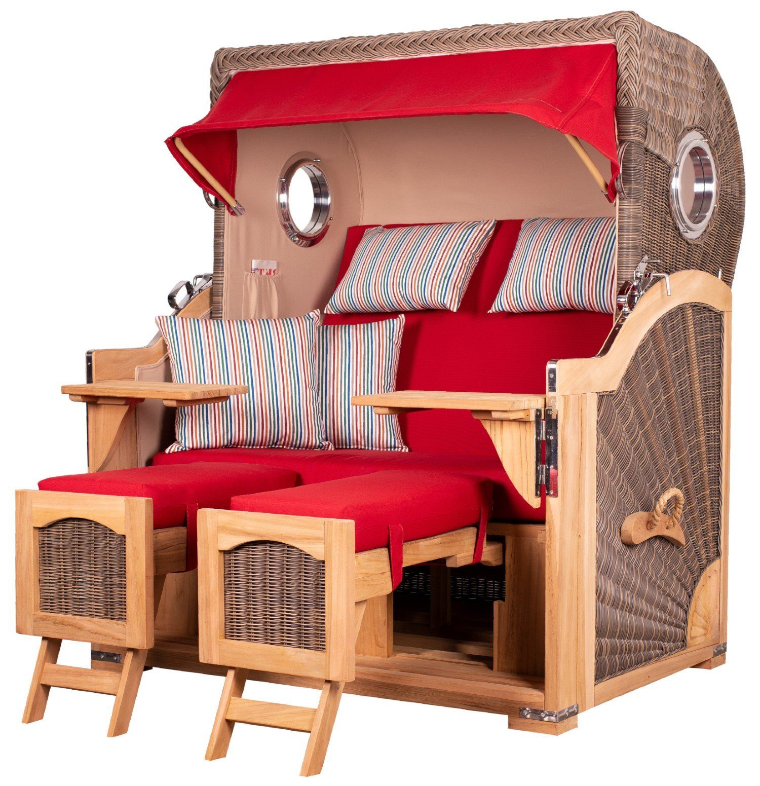 bene living Strandkorb Ammersee Grande XL Teak - PE grau - Modell 585, BxTxH: 142x95x165 cm, Volllieger ca. 175 Grad, Ostsee-Strandkorb Komplettset, inkl. Liftersystem und Bullaugen