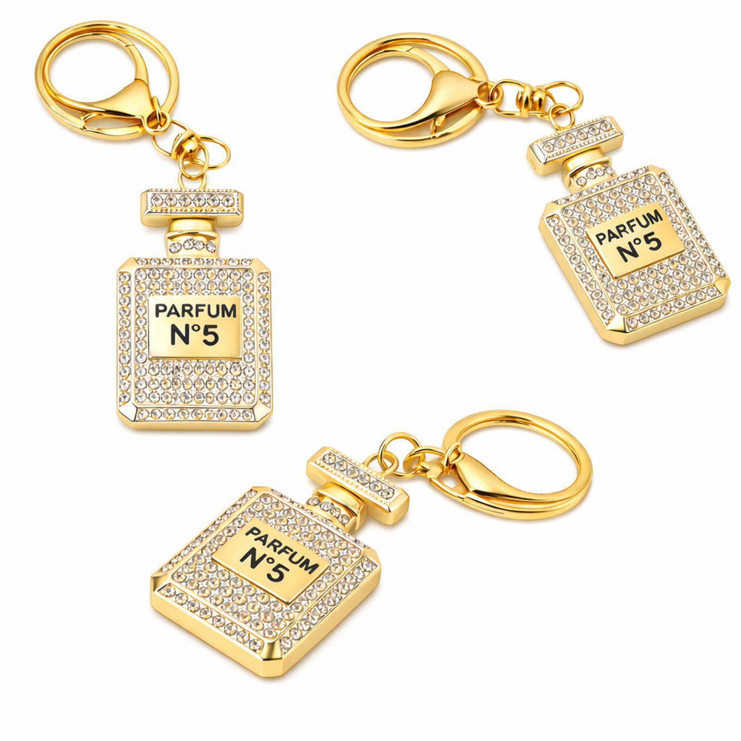 what the shop Schlüsselanhänger Taschenanhänger Parfum Look Gold mit Kristallen, ikonisches Parfum No 5 Flakon Design