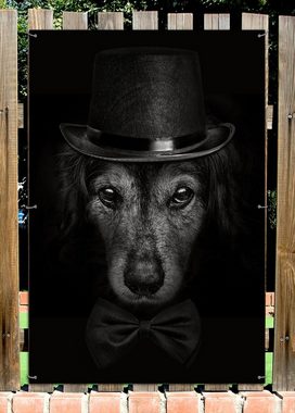Wallario Sichtschutzzaunmatten Eleganter Hund mit Zylinder in schwarz-weiß