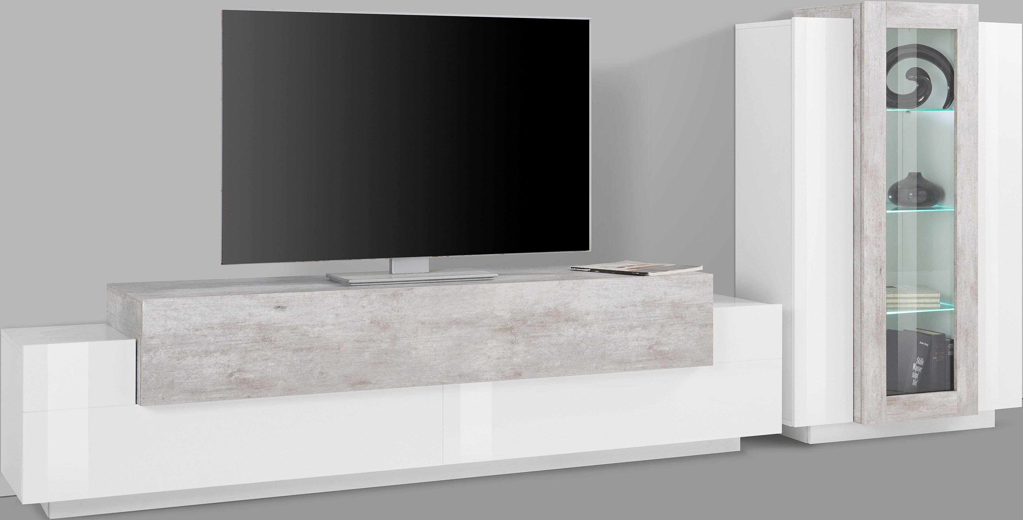 INOSIGN Wohnwand Coro, Anbauwand, Medienwand, (Set, 2-St), Lowboard 4 Fächern Breite 200 und Vitrine 3 Türen Breite 80