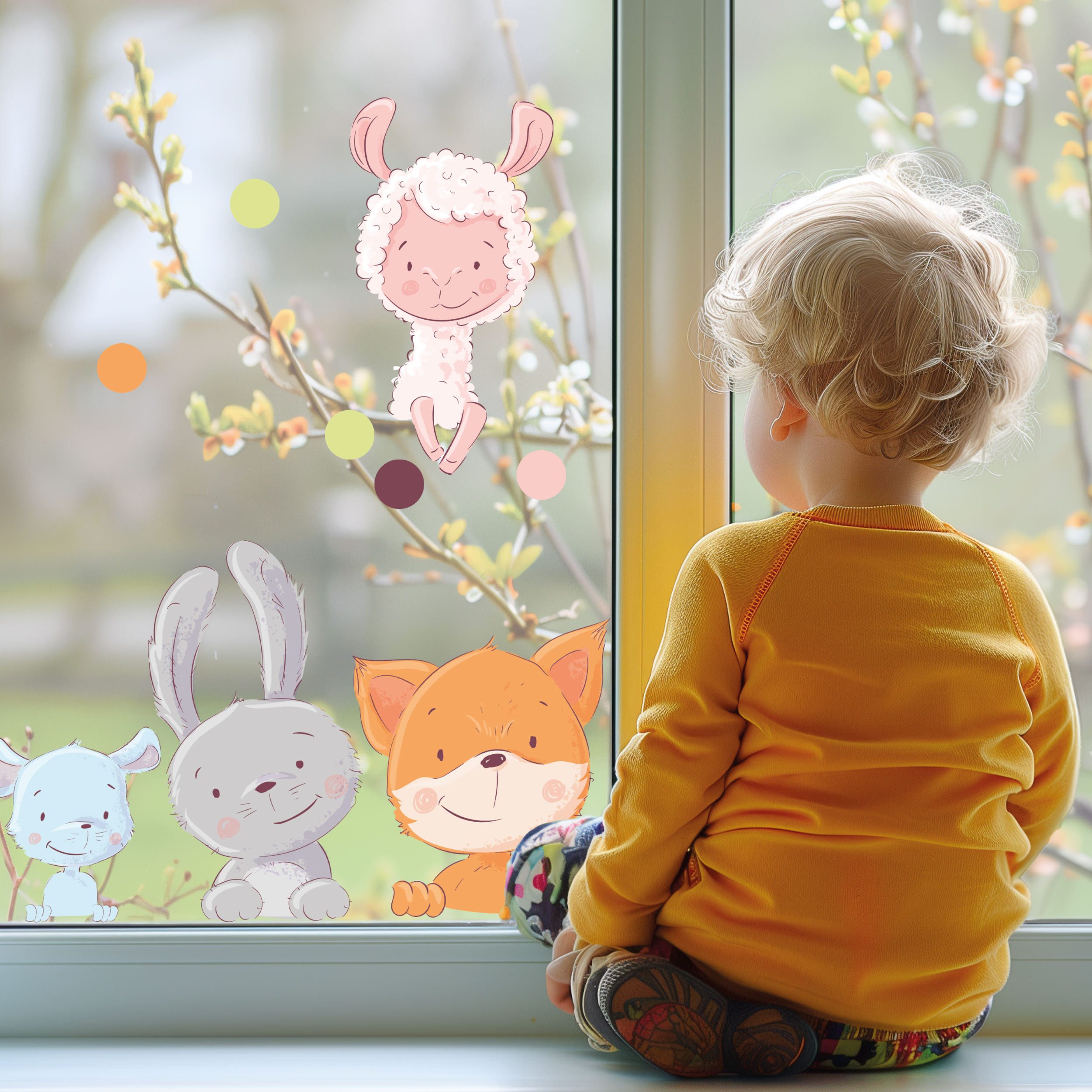 Sunnywall Fensterdekoration wiederverwendbares Fensterbild Schaf Fuchs Hase Maus, wiederverwendbar, statisch haftend, beidseitiger Druck