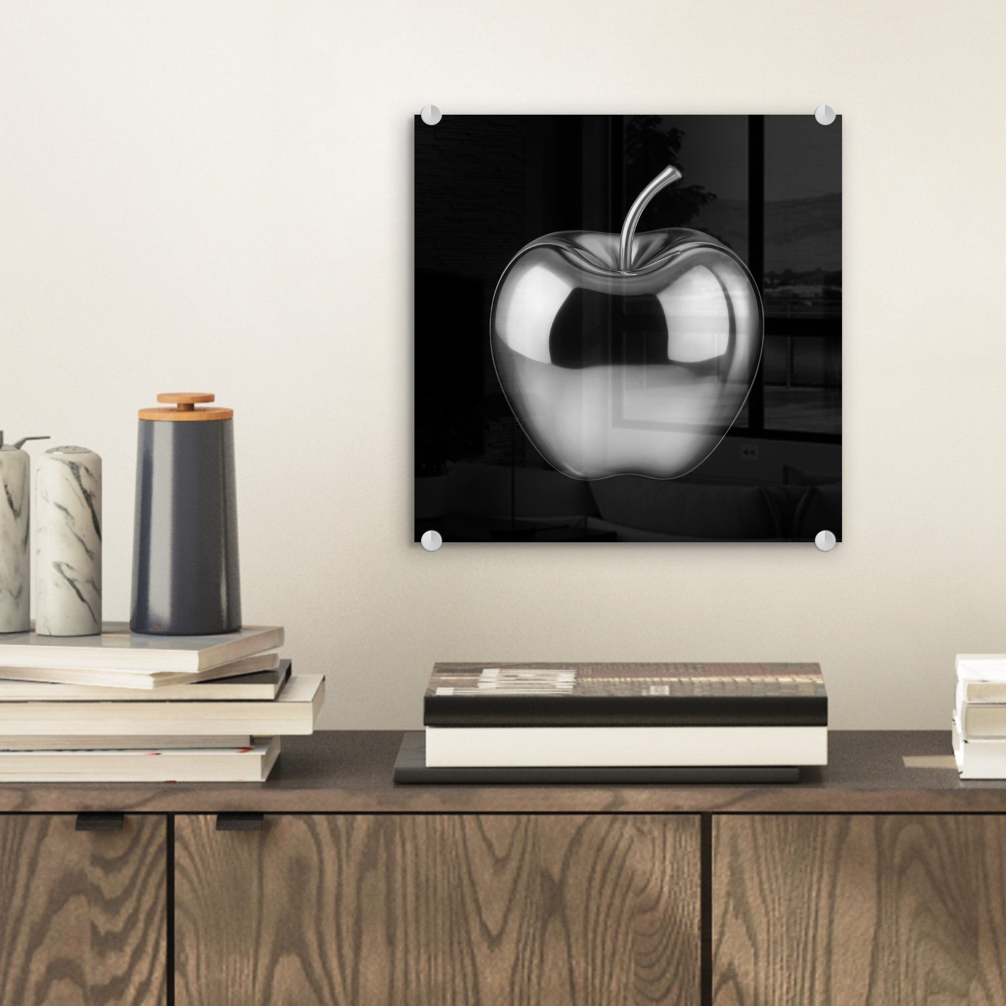 MuchoWow Acrylglasbild Apfel - Metallisch - Symmetrisch, Inkl. Aufhängung, Bilder auf Glas Wandbild, Wanddeko Wohnzimmer Badezimmer, 20x20 cm – Bild 2 von 5