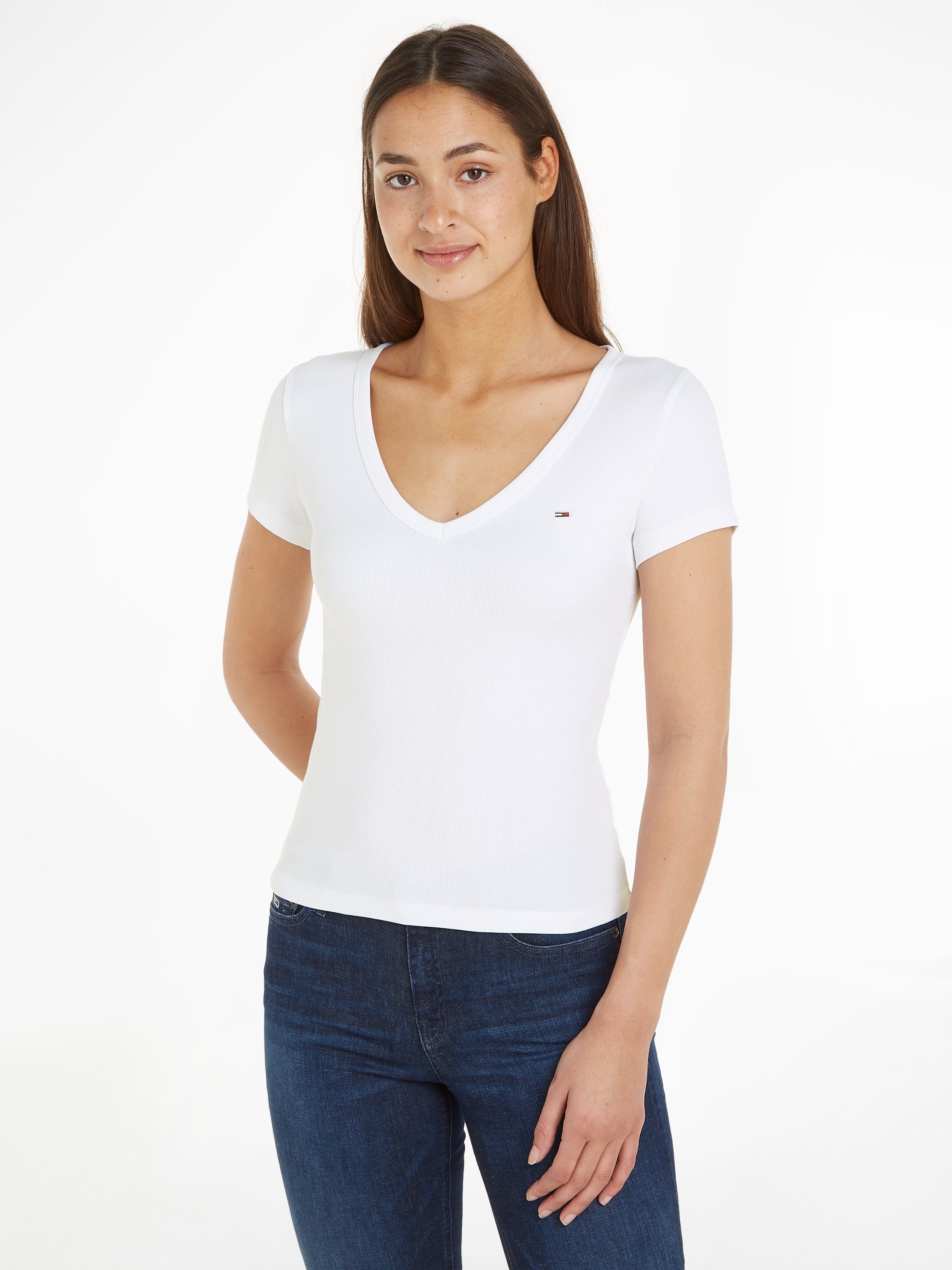 Tommy Jeans T-Shirt Slim Essential Rib V-Neck Rippshirt mit Logostickerei