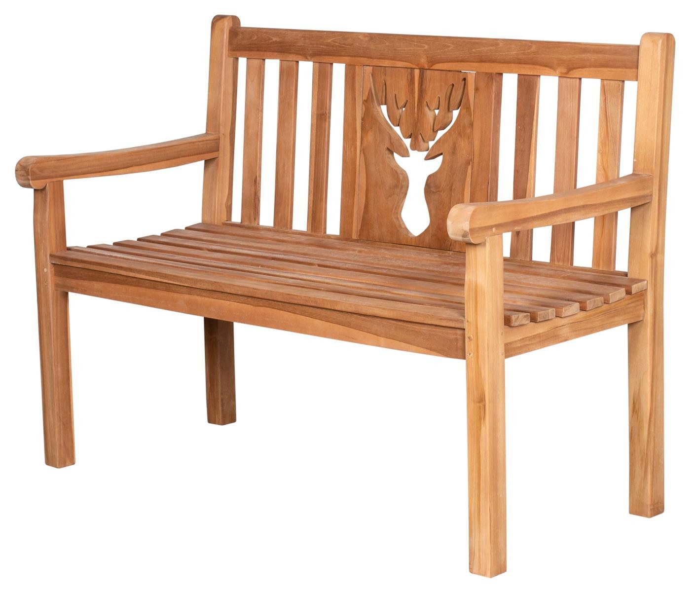 deVries Gartenbank deVries Teakholz Gartenbank Woodie Hirsch 120 cm, naturbelassenes Massivholz aus Teak, eingearbeitetes Hirschmotiv
