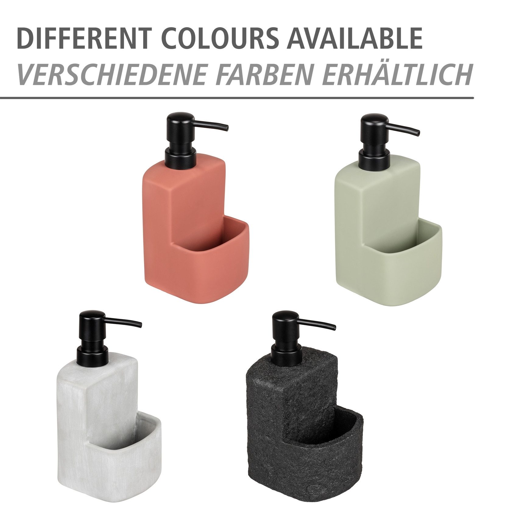 WENKO Spülmittelspender Modell Festival, aus Polyresin, Steinoptik, mit Spülschwamm-Fach, 380 ml
