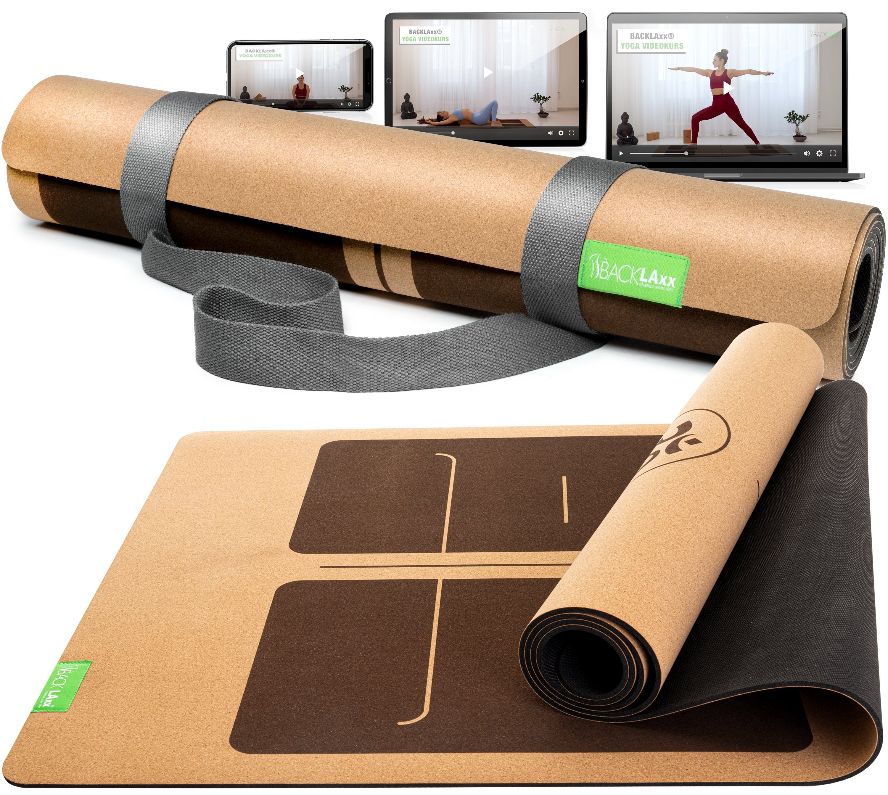 BACKLAxx® Yogamatte aus hochwertigem Kork, Gymnastikmatte 183 x 61 x 0,6 cm (Fitnessmatte aus Kork, inkl. Tragegurt & Videokurs), 4 mm stark, aus natürlichen Rohstoffen, mit Antirutschzonen