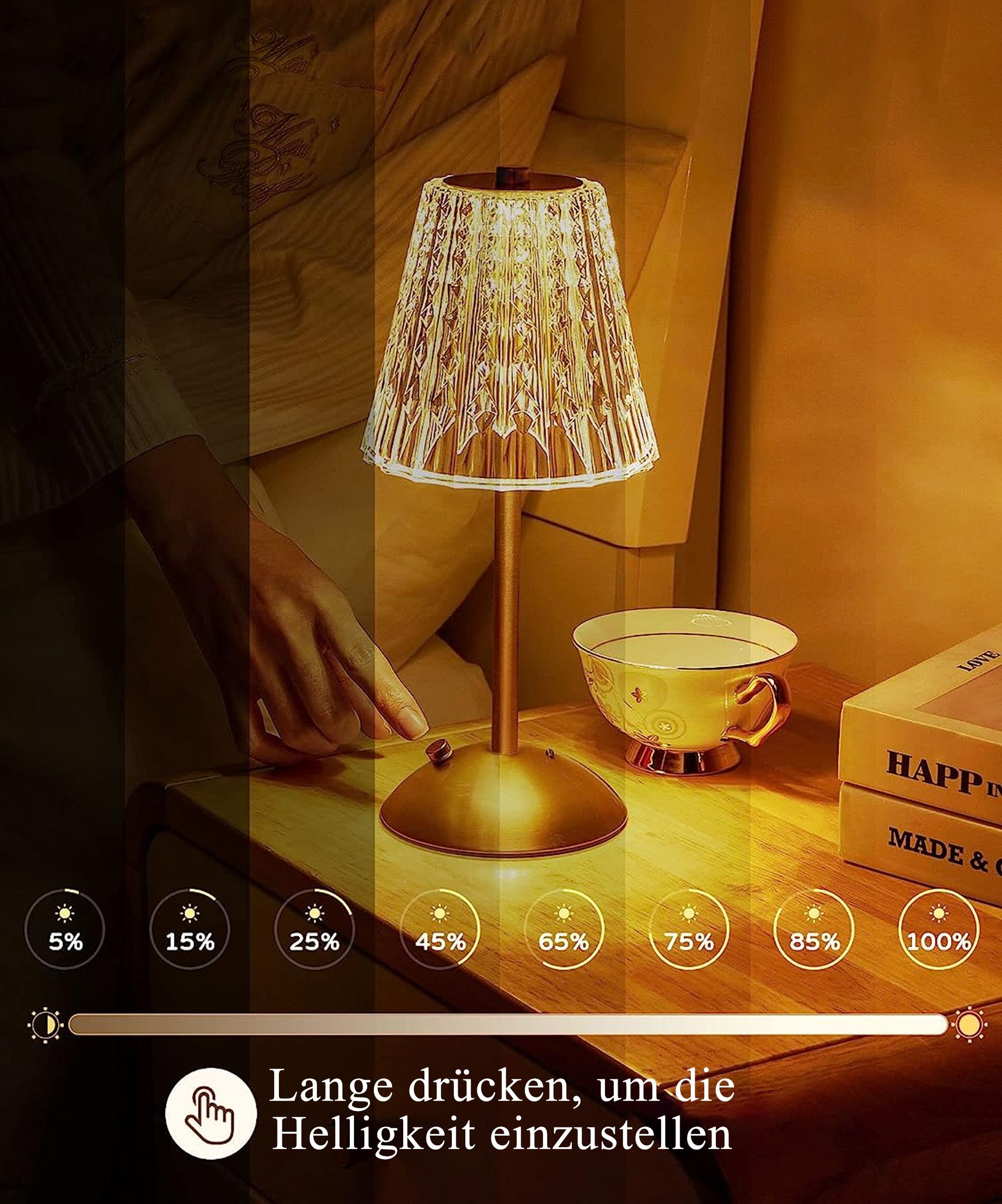 Nachttischlampe, AKKU Touch-Funktion LED Kristall Lampe, 3 Lichtfarben, Metall Acryl Kpaloft Tischlampe, Stufenlos Schreibtischlampe, Dimmbar, & Tischleuchte