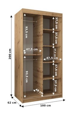 MOEBLO Schiebetürenschrank MALTESE 1 (mit Spiegel, mit/ ohne Schubladen, Schwebetürenschrank Schrank Garderobe Schiebtüren Schlafzimmer Wohnzimmerschrank) (BxHxT):100/120/150/180/200/250x200x62 cm