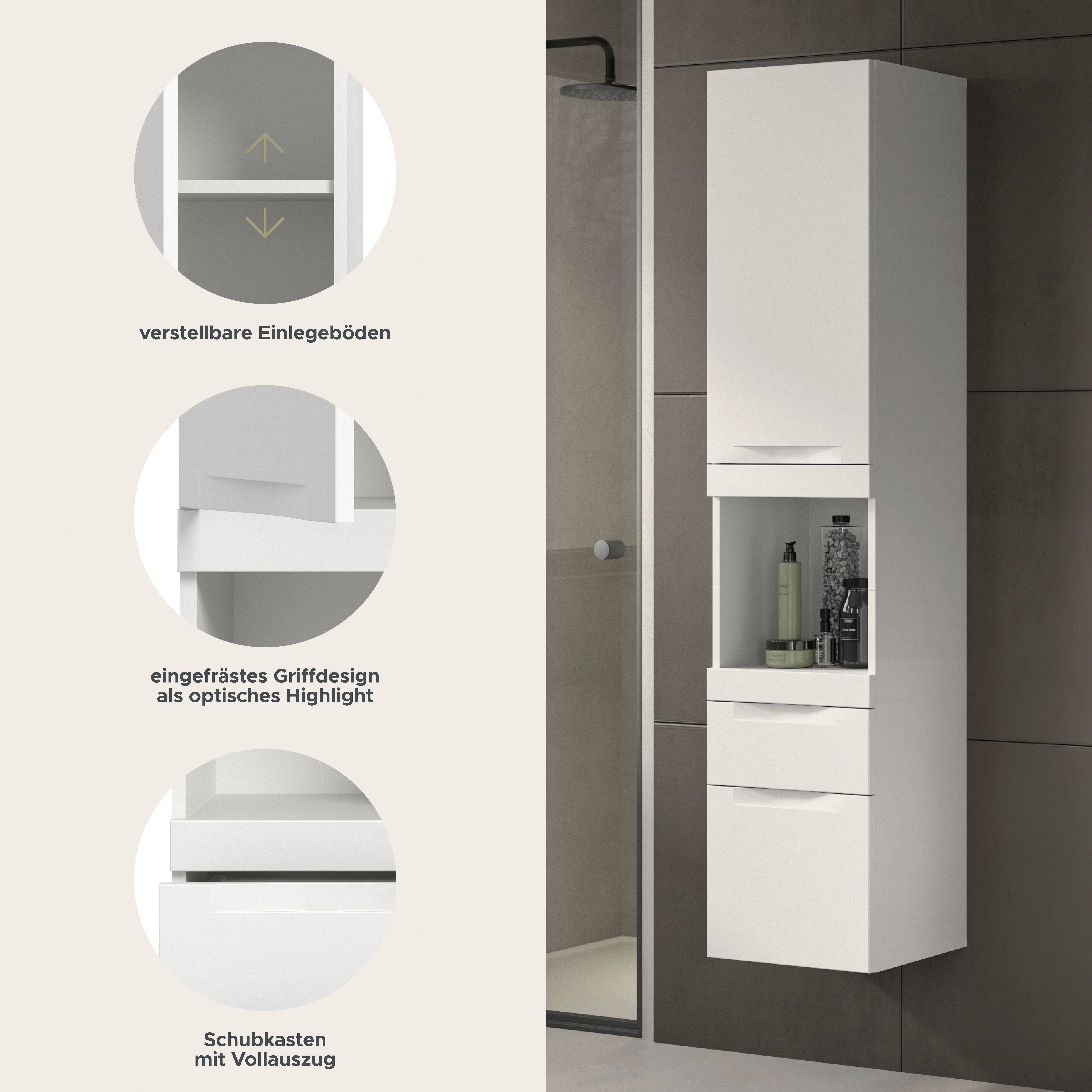 OTTO home Hängeschrank MAOI, Höhe 166cm, 1 Tür, 2 Schubkästen, 1 offenes Fach (Türanschlag wechselbar, insg. 4 Fächer) Badezimmerschrank, Schrank, Kommode, Midischrank, Bad, Badezimmer