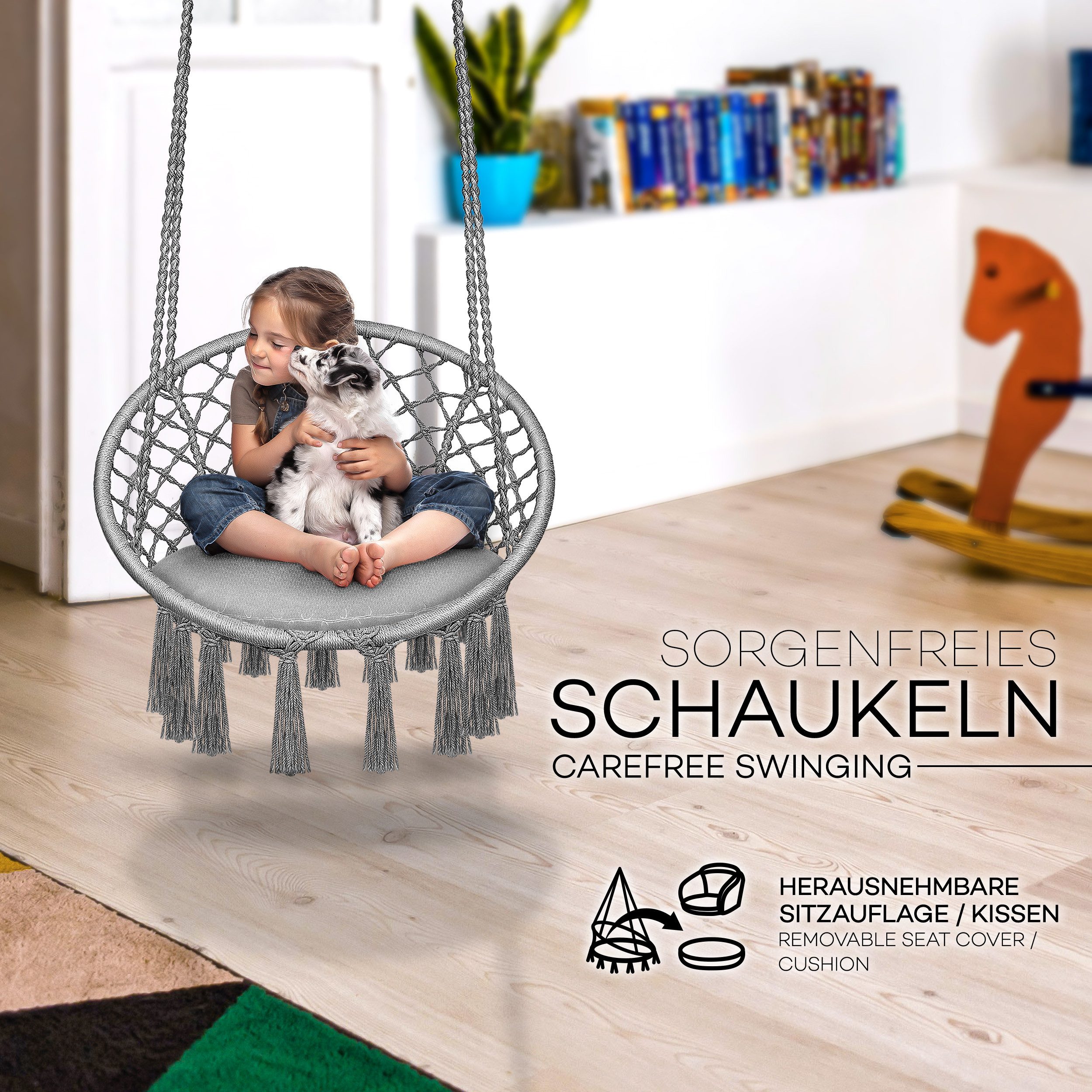 tillvex Hängesessel tillvex® Hängesessel Hängestuhl Hängeschaukel Hängekorb Hängesitz (Set, Hängesessel, Kissen, 4 Seile mit 2 Stahlringen), Kissen – Bild 4 von 5