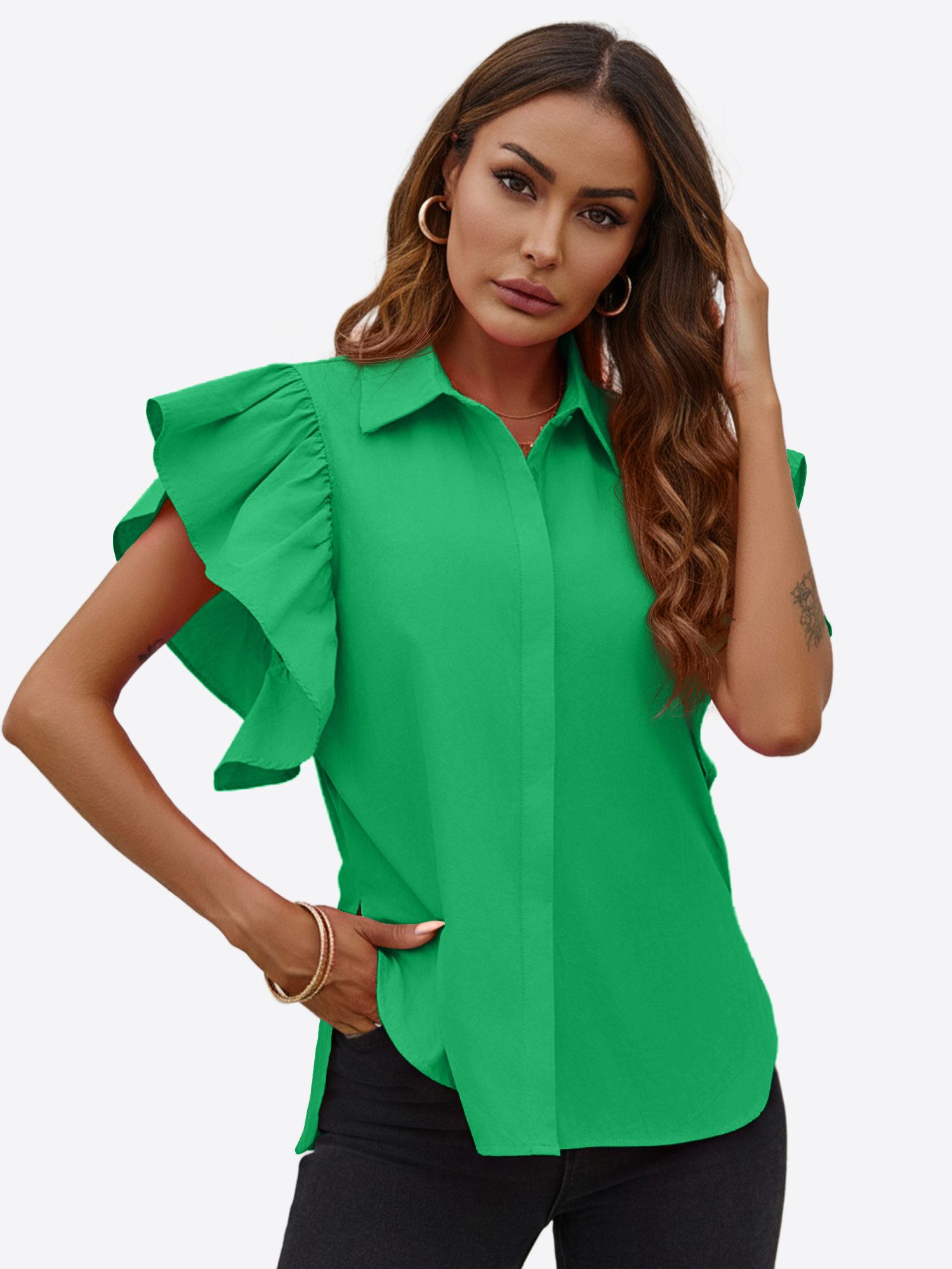 Imily Bela Blusenshirt Damen mit Hemdkragen und Rüschenärmeln aus Baumwolle Casual Oberteil (Packung, 1-tlg., 1per-Pack) mit versteckter Knopfleiste und geschwungenem Saum in Unifarbe