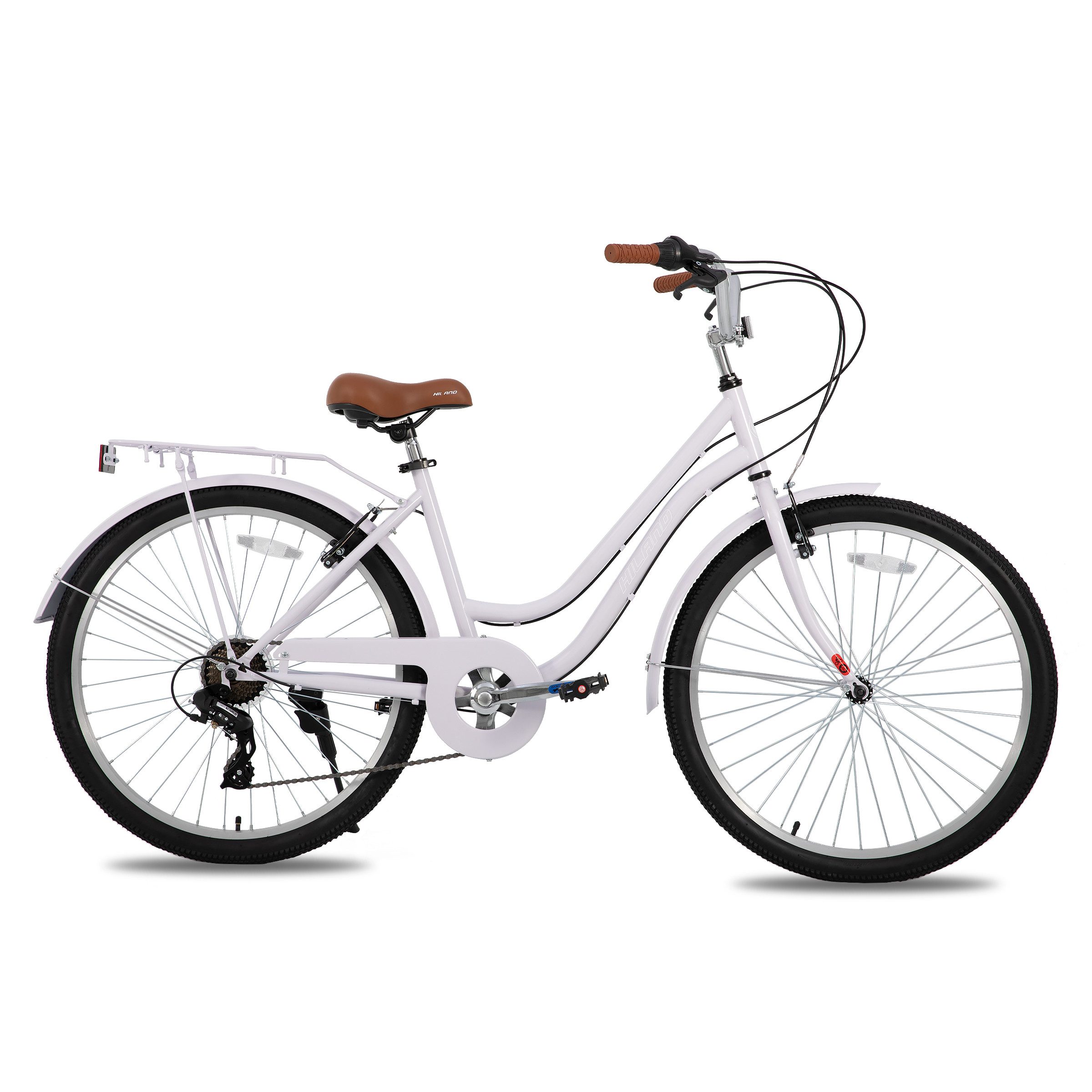 HILAND Cityrad 26 Zoll Beach Cruiser Bike für Männer und Frauen, Step-Through Rahmen, Step-Through Rahmen mit Gepäckträger und Korb,7 Gang