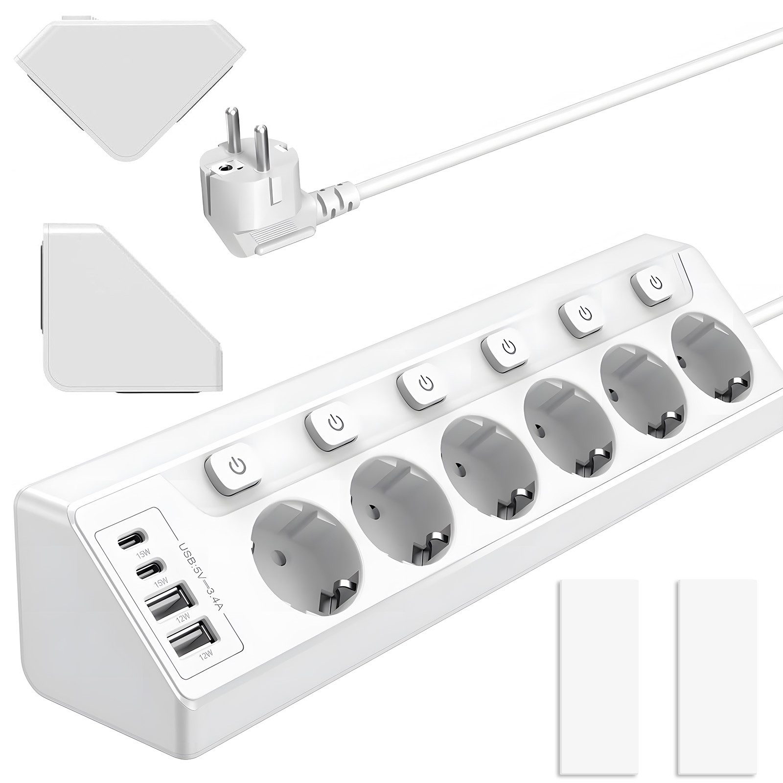 AKKEE Tischsteckdosenleiste mit 4/5/6 Steckdosen, Unabhängigem Schalter Mehrfachsteckdose (2M Verlängerungskabel für Küche, Büro, Haushalt, Kabellänge 6 m), Steckdosenleiste Mit 4 USB (2 USB C)+5 Fach Steckdose