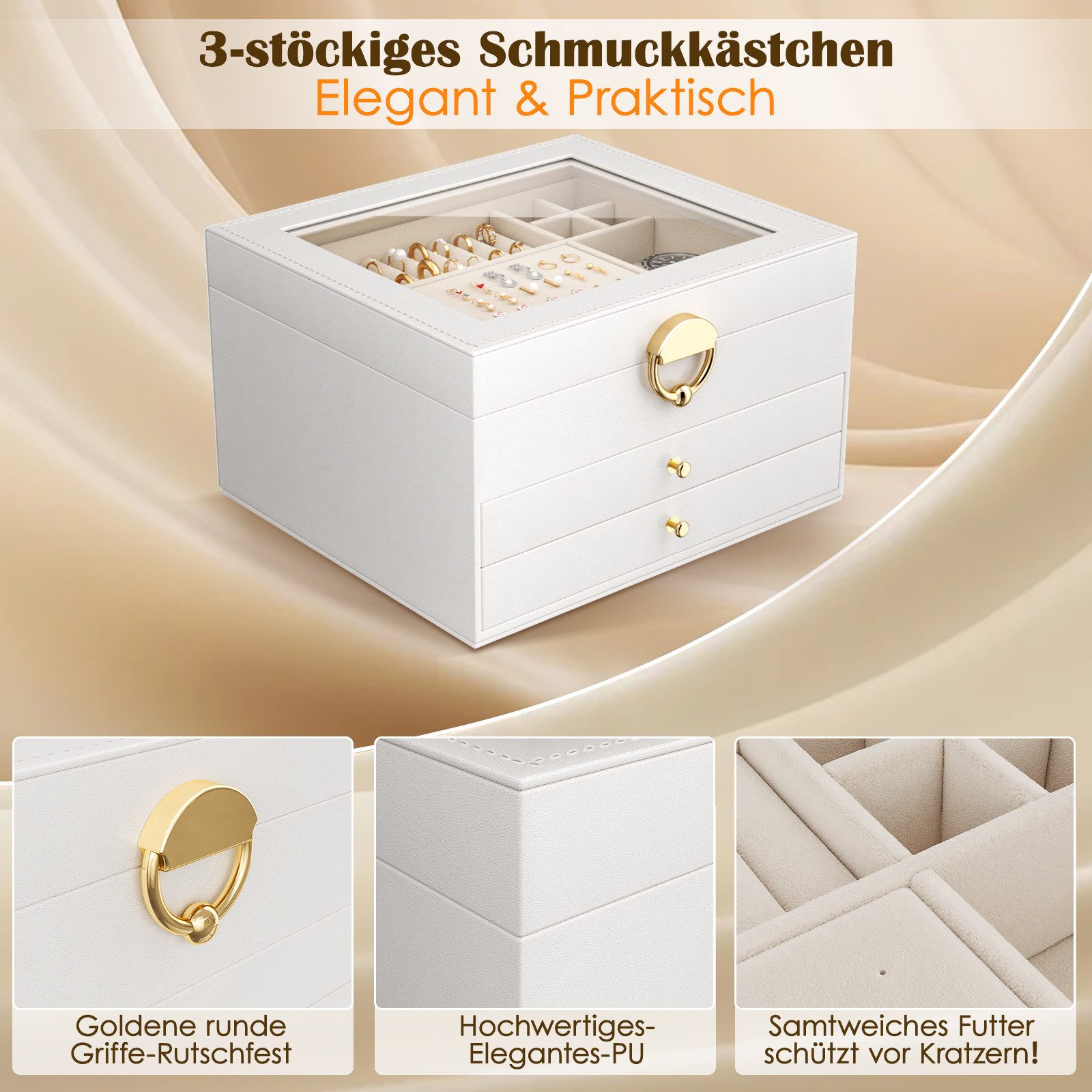 POPOLIC Schmuckkassette 3-stöckige Schmuckschatulle mit Deckel, Einteilern und Tragegriff – Bild 4 von 5