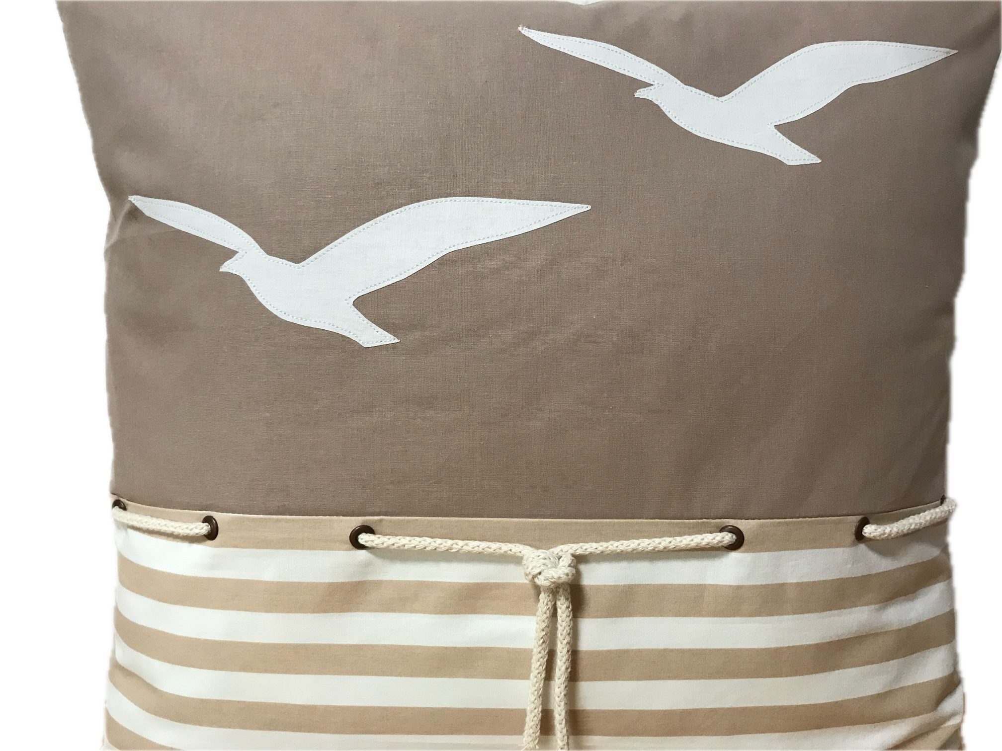 Ammerkind Dekokissen Maritime Kissenhülle, Kissenbezug * Möwen beige/weiß gestreift, 100% Handarbeit aus Bayern