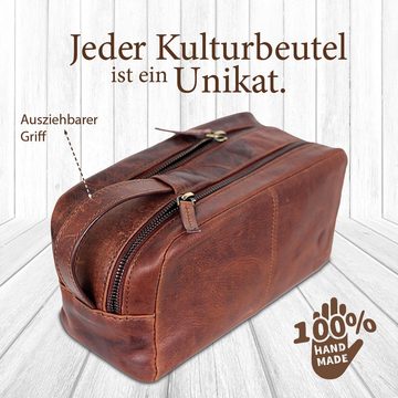 Corno d´Oro Kulturbeutel Handmade Kulturtasche aus echtem Leder für Damen und Herren, mit ausziehbarem Tragegriff, 2 Reißverschlussfächer, vintage braun