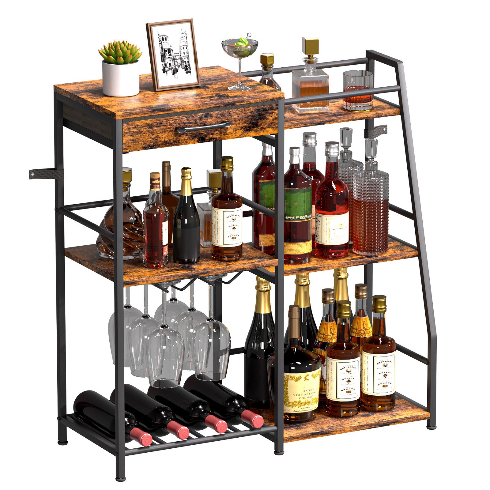 Yorbay Weinregal mit Flaschenhalter & Glashalter,Barschrank Metallrahmen, Hausbar mit Stoffschublade, Vintage-Braun/Schwarz