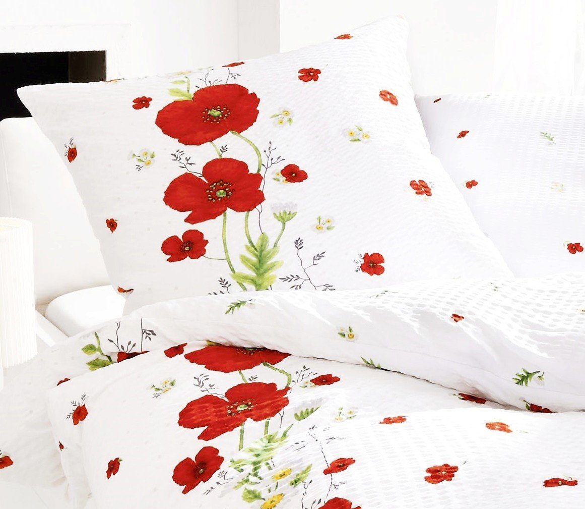 Kaeppel Bettwäsche Kaeppel Seersucker Bettwäsche 135x200cm Red Poppy Mohn Rot Weiß, Microfaser, 2 teilig, feine "Baby-Rippe", mit Reißverschluss atmungsaktiv und pflegeleicht