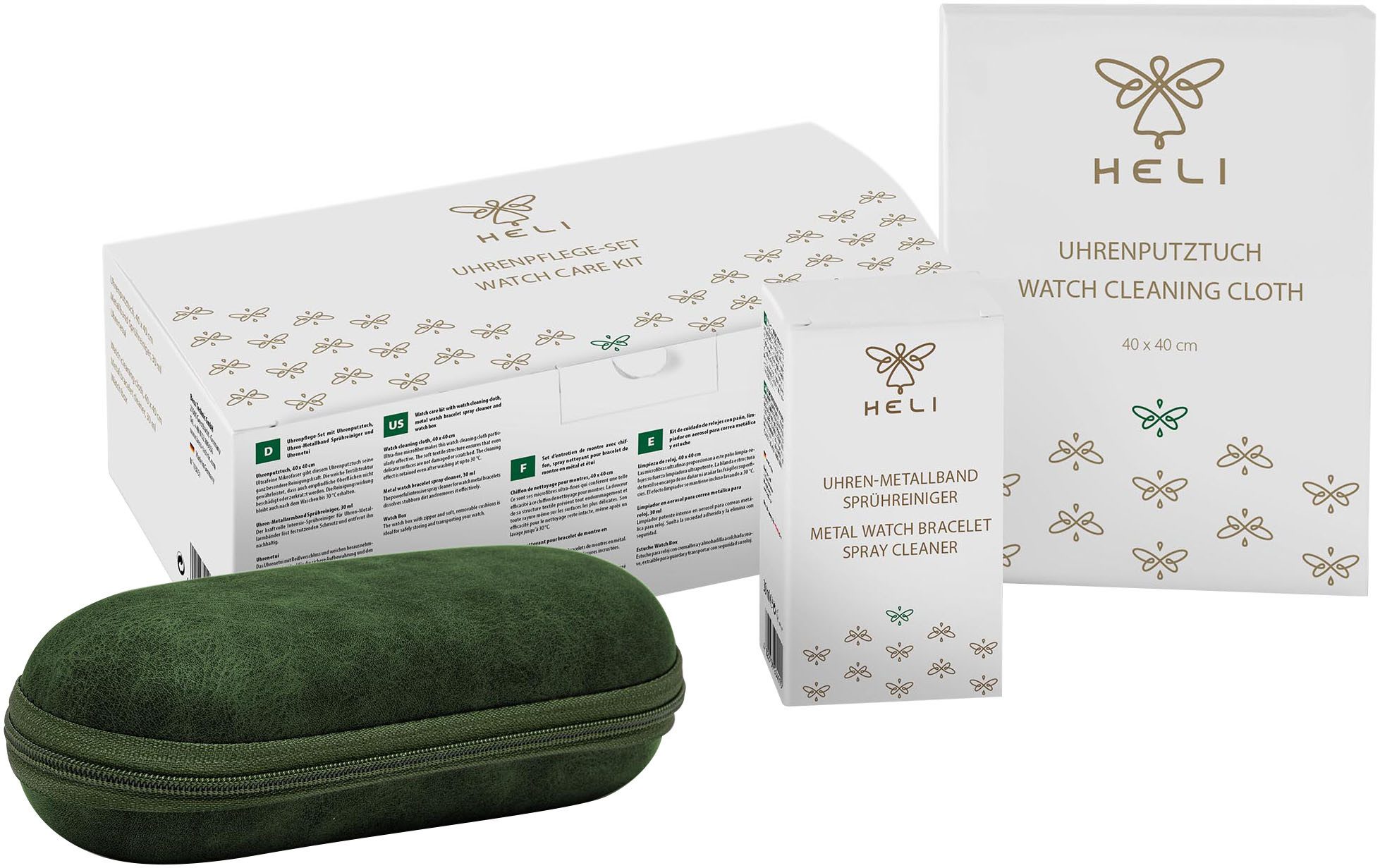 HELI Reinigungs-Set 113051OT, (Set, 3-St., mit Uhrenputztuch und Uhrenetui), Quarzuhr,Armbanduhr,Uhrenetui,Edelstahlarmband,Lederarmband,Pflege
