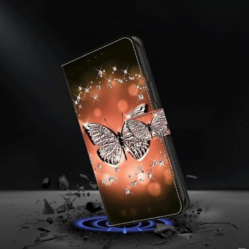 CLM-Tech Handytasche für Samsung Galaxy A54 5G Hülle aus Kunstleder Klapphülle (Schmetterling Diamanten Muster, Handyhülle Wallet Flip Case Cover Etui), Schutzhülle mit Standfunktion, Kartenfächer und Magnetverschluss