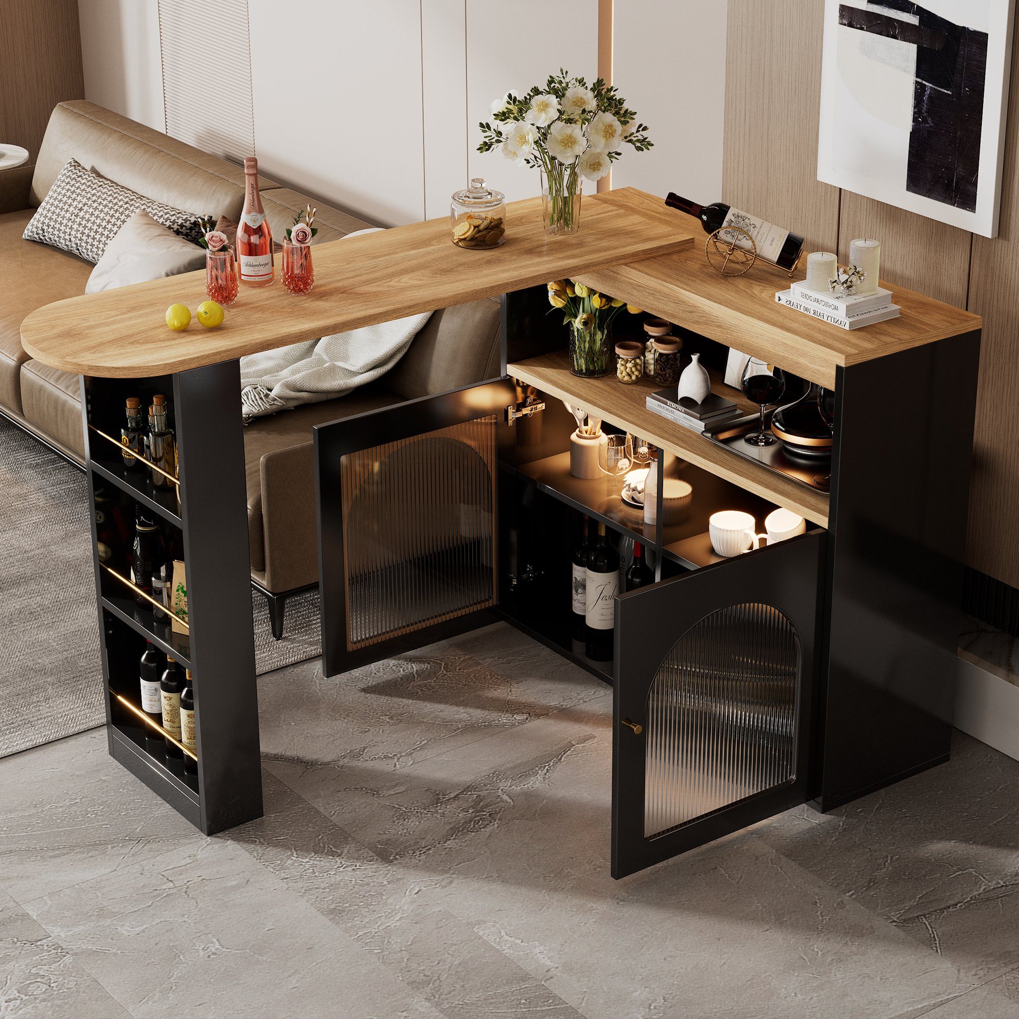 Flieks Bartisch (1-St., mit LED-Lichtleisten, 360° Drehung), ausziehbar Stehtisch drehbar Sideboard Esstisch mit Stauraum Anricht