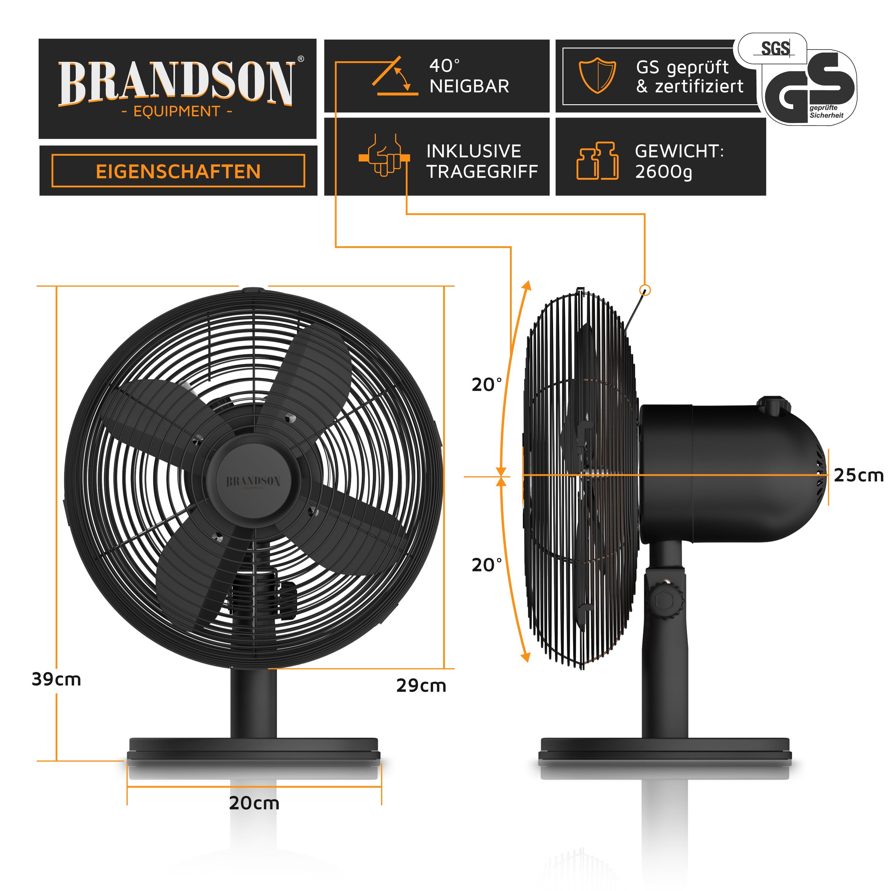 Brandson Tischventilator Retro Design, Oszillation, Neigungswinkel ca. 40°, Metallgehäuse, 30W, 28 cm Durchmesser, NTV Sieger 2026, mobiler Lüfter, 3 Geschwindigkeitsstufen, GS-Geprüft