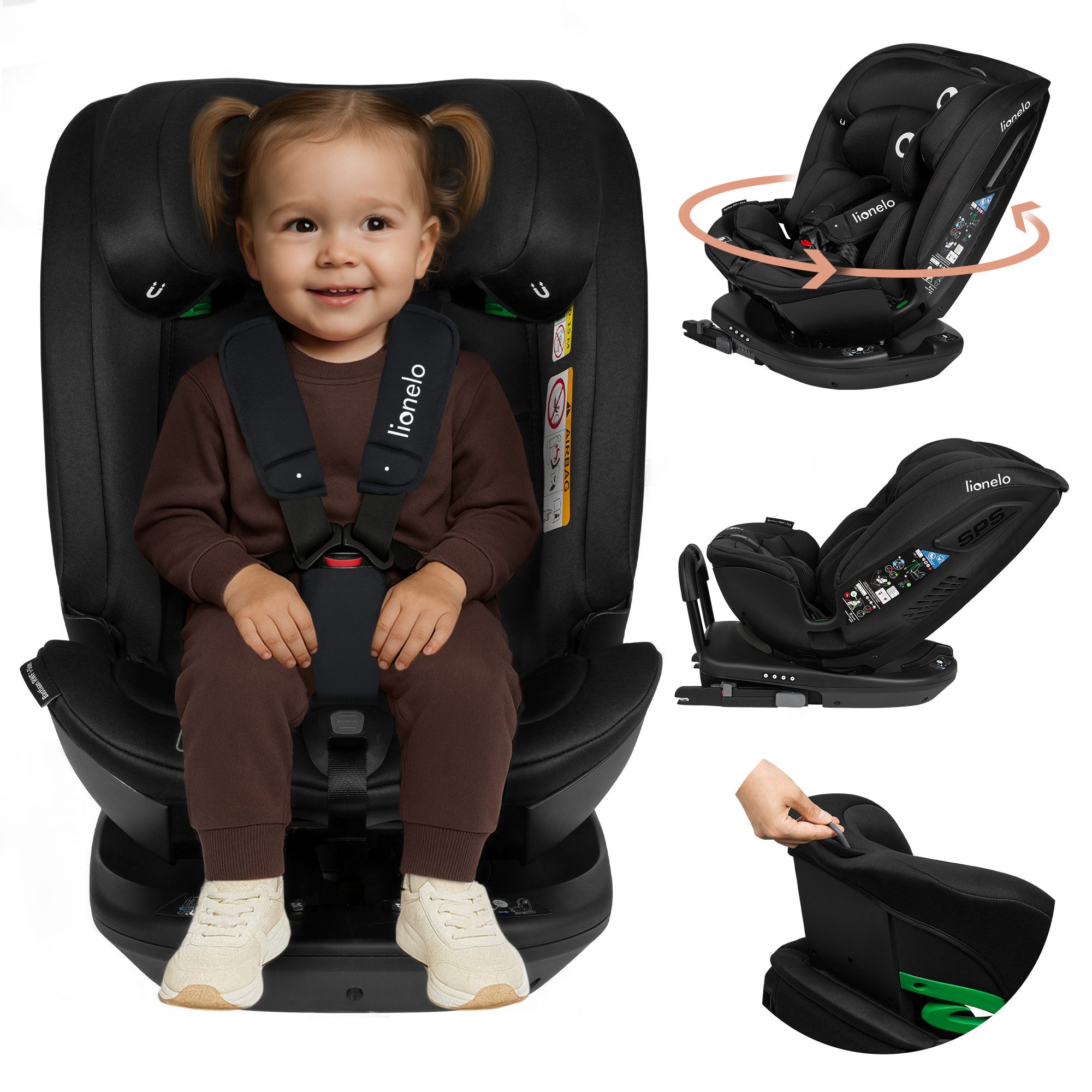lionelo Autokindersitz Bastiaan RWF i-Size, ab: ab 0, bis: bis 150 cm (36kg), ab: 40,00 cm, bis: 150,00 cm, (Set), 4 Sitze in 1/360' drehbare Basis / ISOFIX / Top-Tether