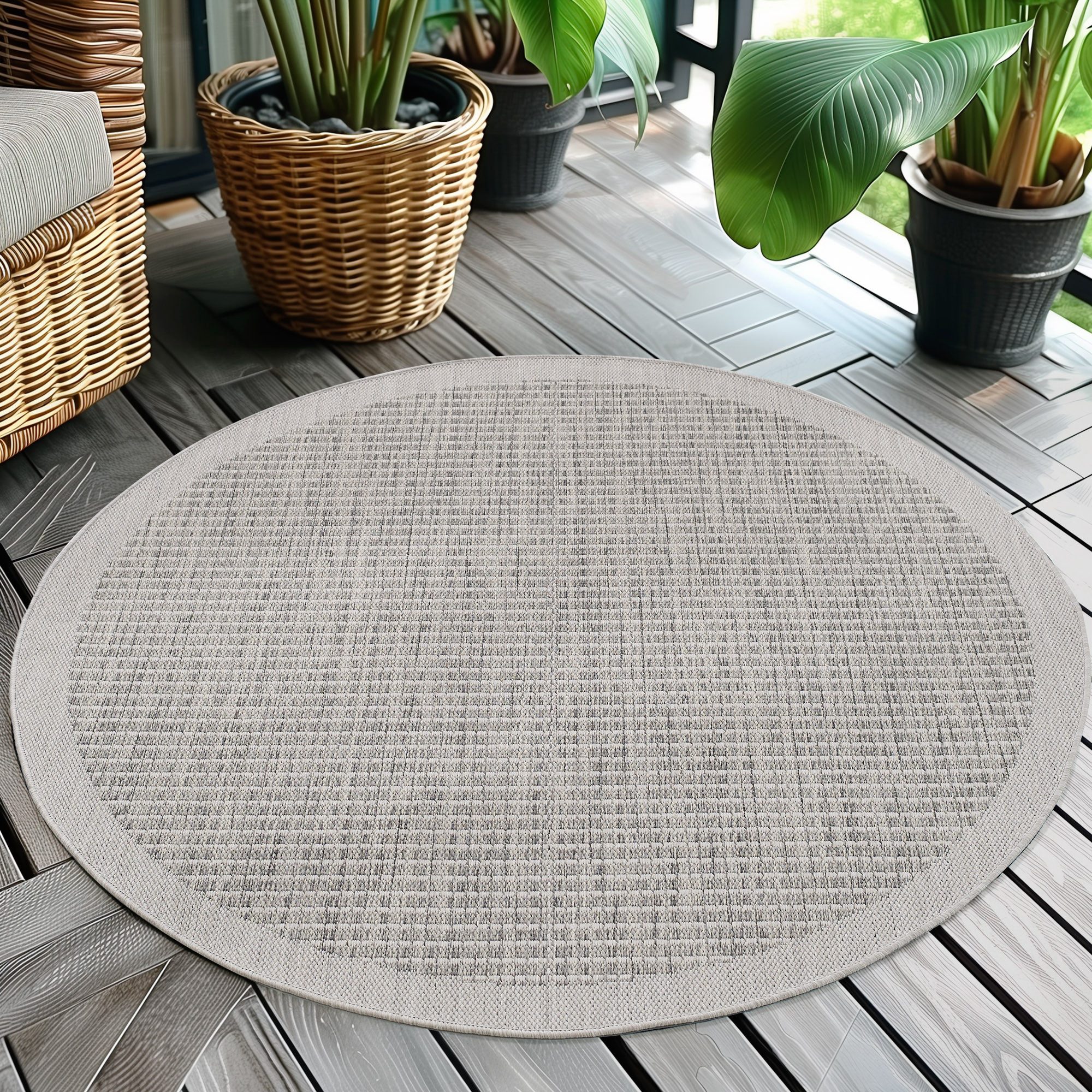 Teppium Outdoorteppich Unicolor - Einfarbig, Rund, Höhe: 5 mm, Teppich Wetterfest Balkon Küchenteppich Flachgewebe Sisaloptik