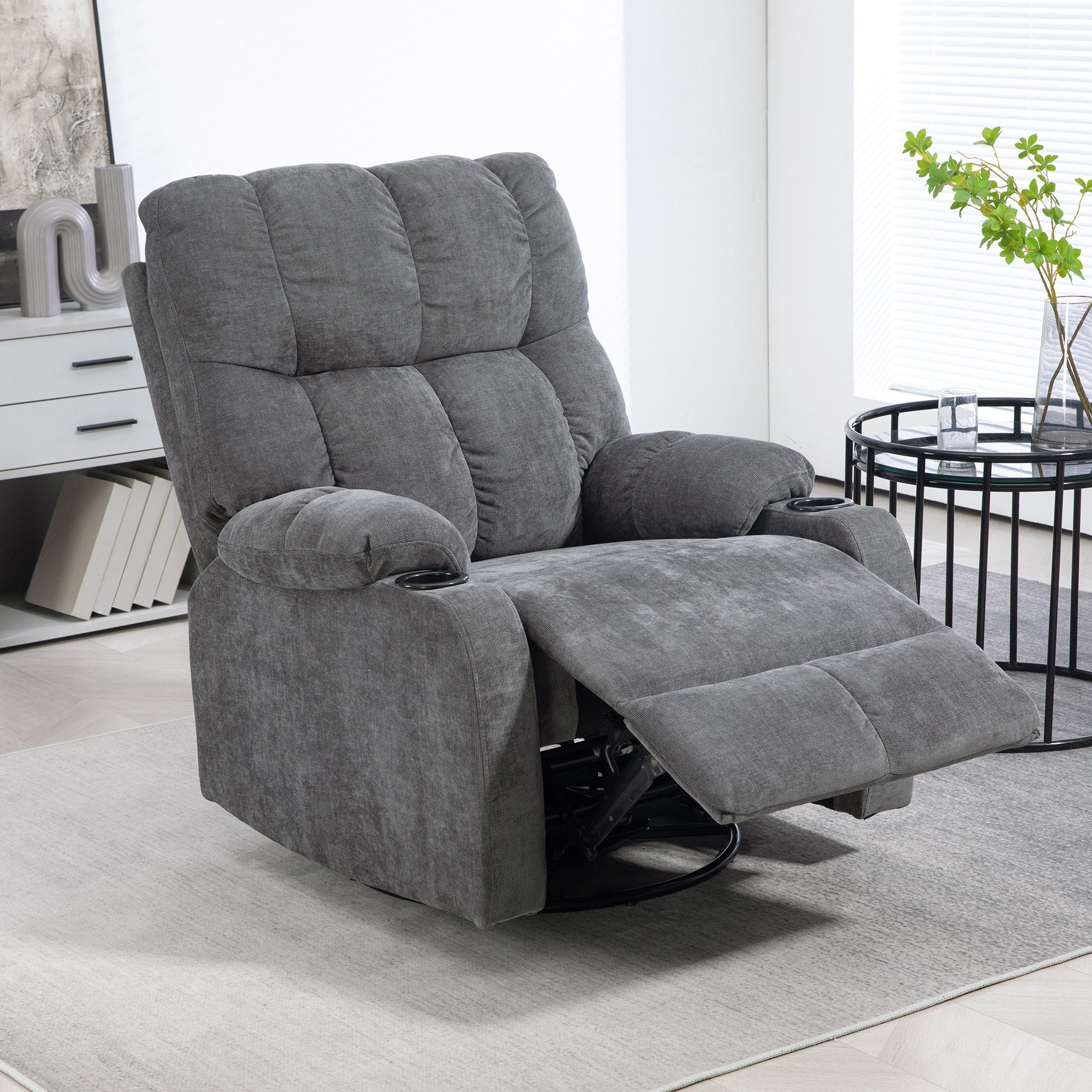 HOMCOM Relaxsessel Fernsehsessel mit Liegefunktion, Schaukelfunktion und Becherhalter (TV-Sessel, 1-St., Ruhesessel), für Wohnzimmer, Dunkelgrau