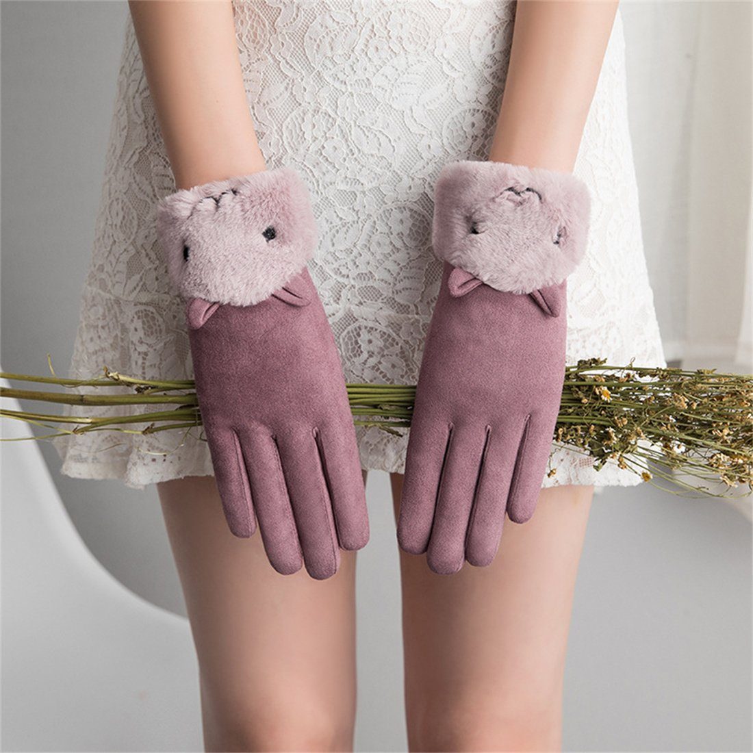 DÖRÖY Fleecehandschuhe Damen Cartoon Handschuhe, Reithandschuhe gepolsterte Lila warme Winter
