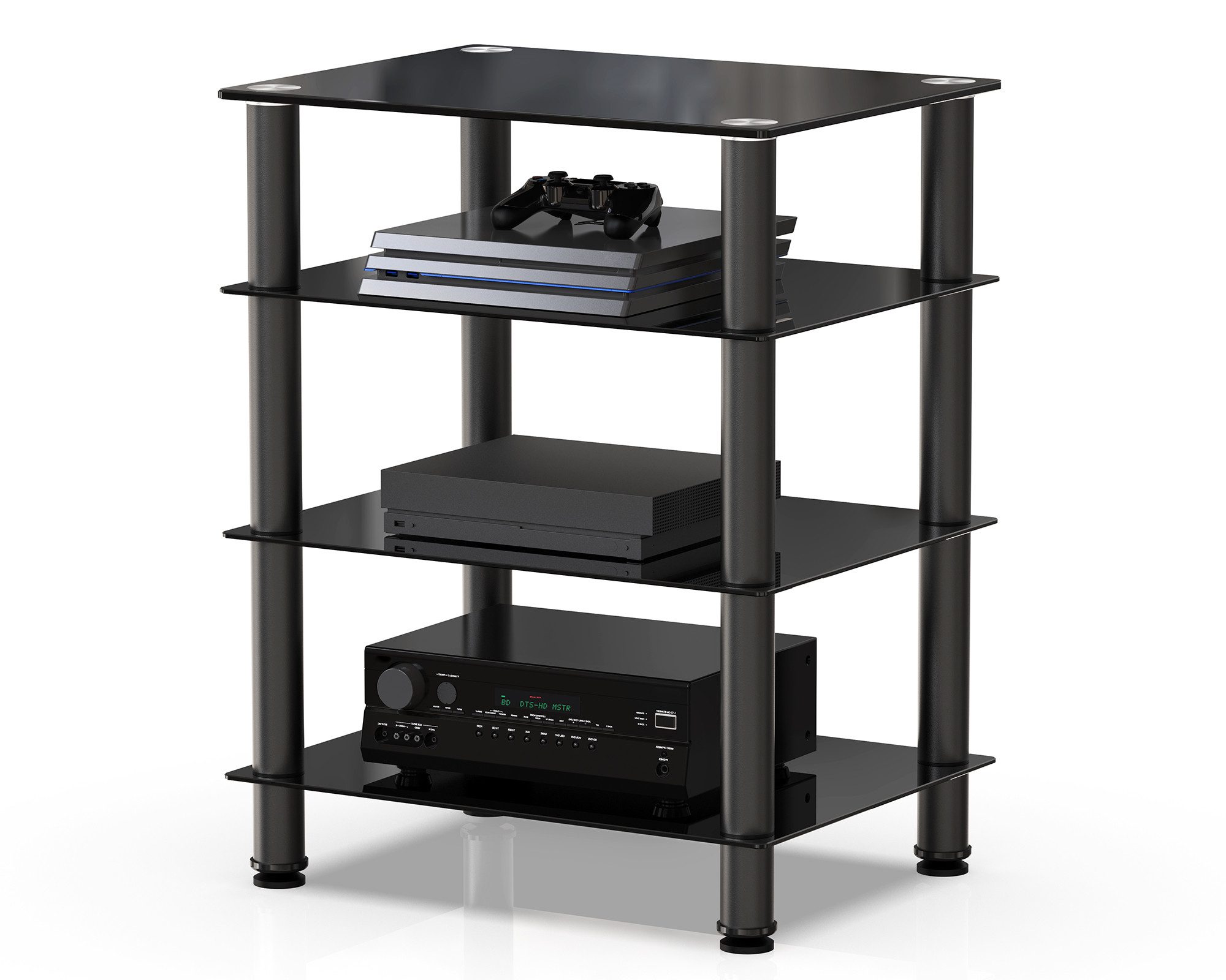 FITUEYES TV-Ständer 4-stöckiges HIFI-Regal mit höhenverstellbaren Ablagen, (HIFI-Möbel mit verstellbaren Füßen, aus Aluminium, Sicherheitsglas)