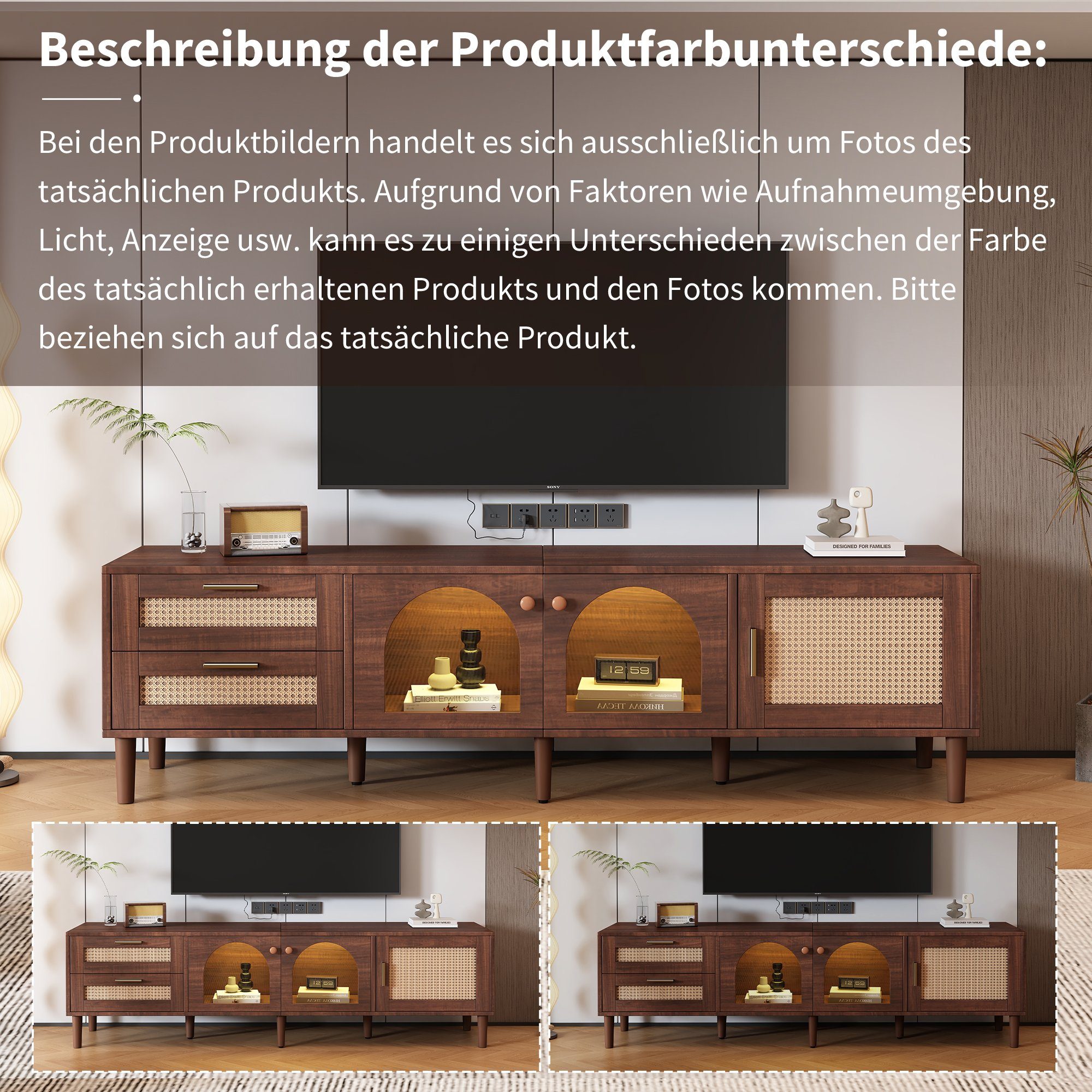 Merax Lowboard mit Rattangeflcht und LED, Fernsehtisch, mit 2 Schubladen und 3 Türen,TV-Schrank mit Glastüren,B:180cm