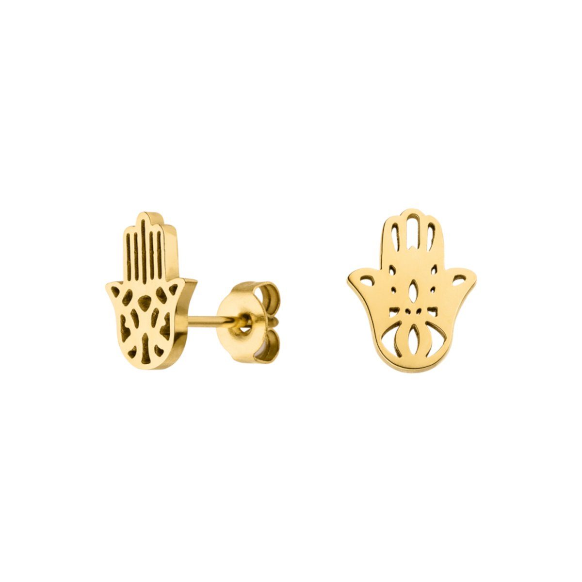 LUUK LIFESTYLE Paar Ohrstecker Hamsa Hand, wasserfest & alltagstauglich, hautverträglich, modernes Design, inklusive schöner Schmuckbox Gold