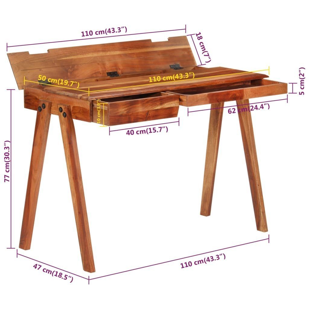 furnicato Schreibtisch mit Massivholz Schublade 110x50x77 cm Akazie