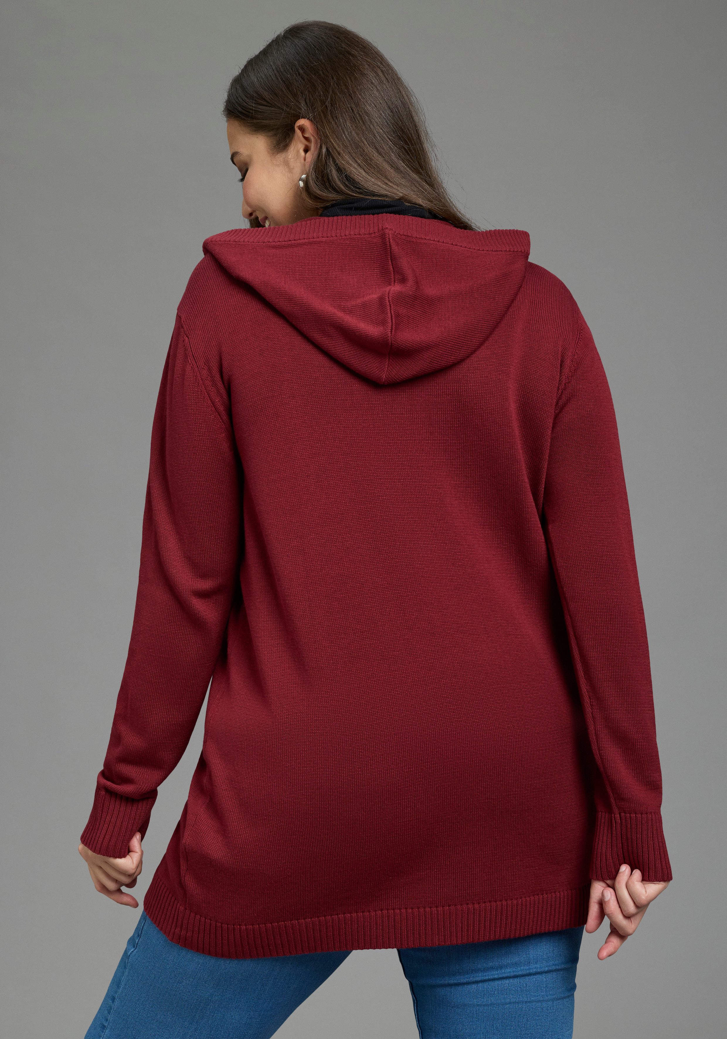 Laura Scott CURVE Kapuzenstrickjacke Große Größen mit langem Schnitt, figurumspielende Passform, Langarm