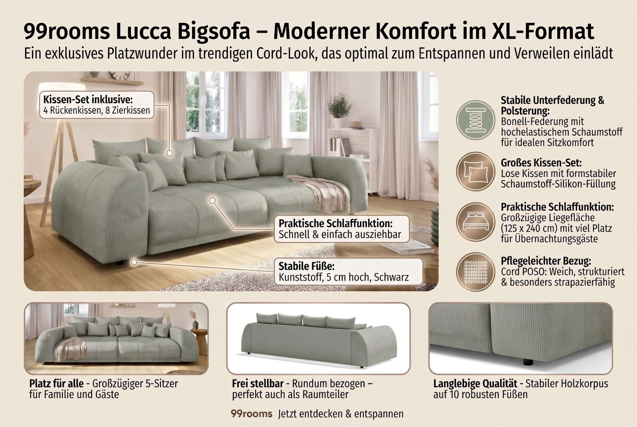 99rooms Big-Sofa Lucca, Sofa, Big-Sofa, Inkl. Kissenset, rundum mit Cordstoff POSO bezogen, Schlaffunktion