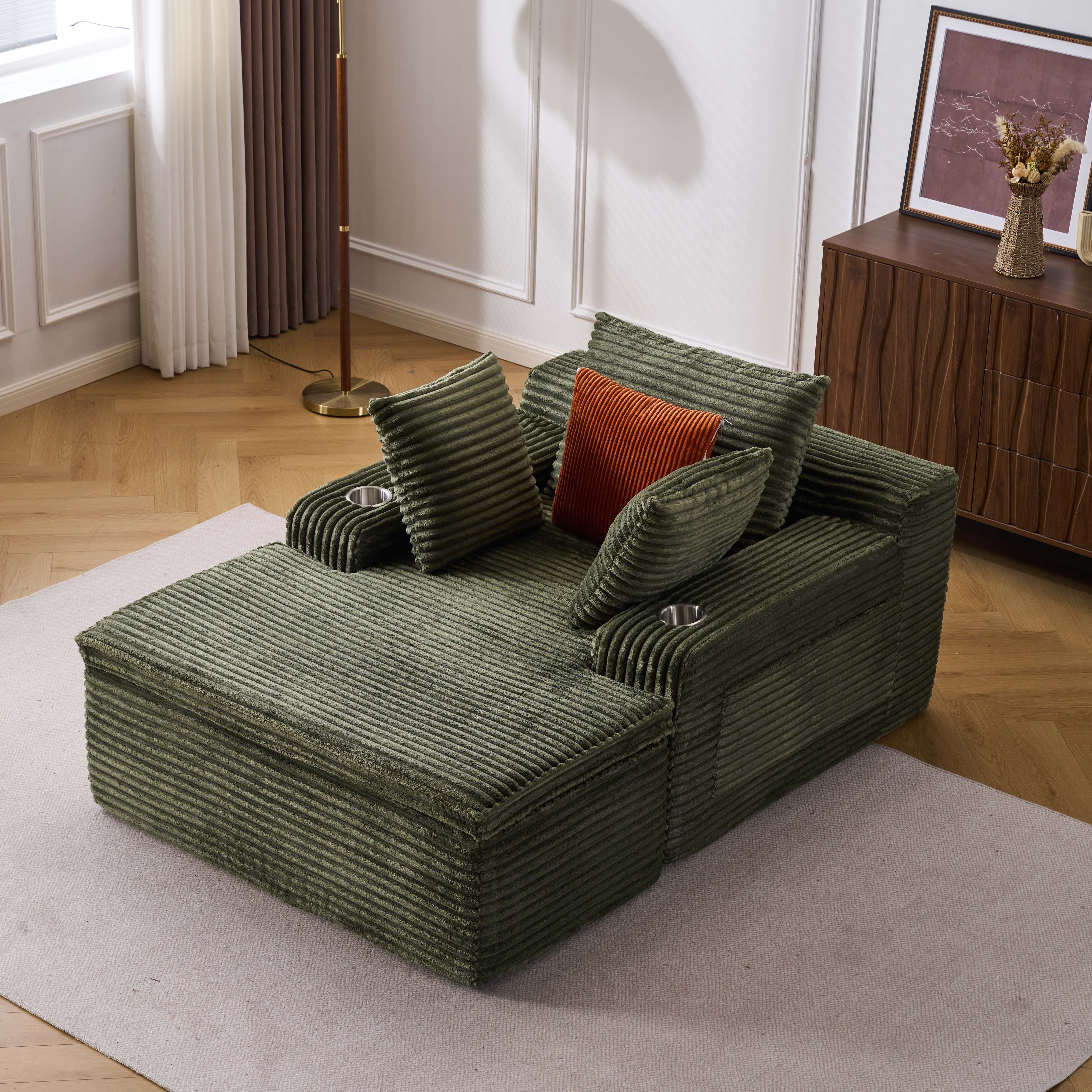 Vankel Sofa Sofas Wohnzimmer Schlafsofa Couch klein Cord Relaxsessel, Werkzeuglos, weich gepolstert mit Decken-Kissen & Getränkehaltern