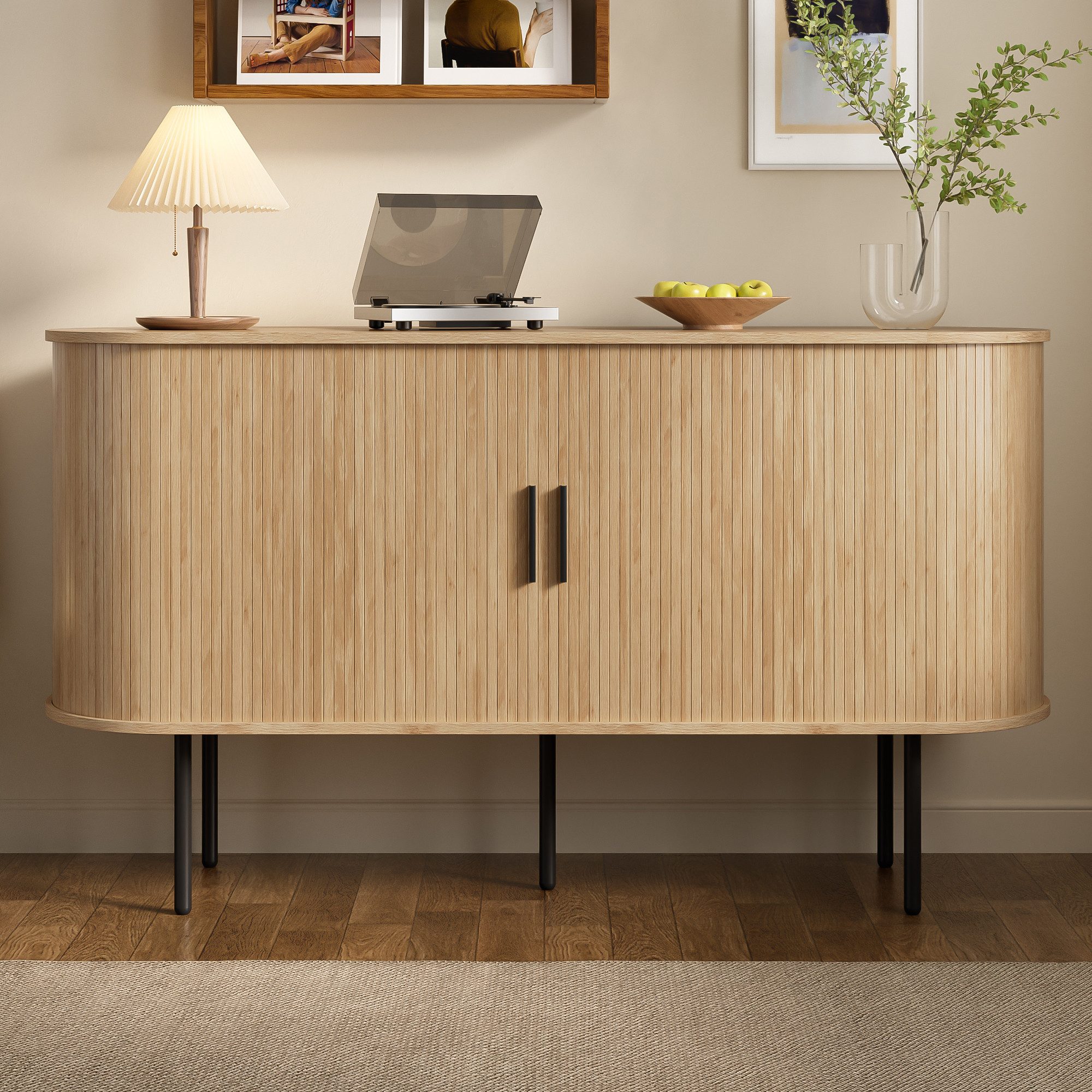 Merax Sideboard in Holzoptik, Schrank Wohnzimmerschrank Anrichte (1 St), Kommode mit Rolltüren, Stauraum und Metallbeinen, 140x40x78cm