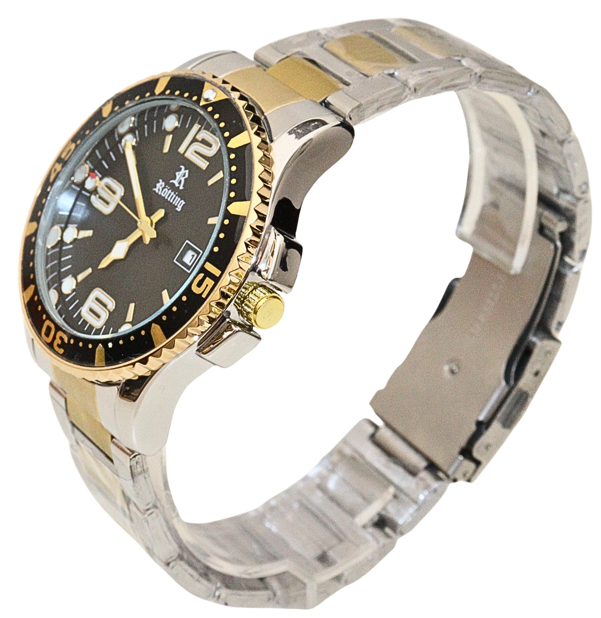 Rötting Design Quarzuhr Herrenuhr Datumsanzeige schwarz goldfarbene Lünette zum Drehen, Gehäuse und Armband IP beschichtet, einseitig drehbare Lünette – Bild 4 von 5