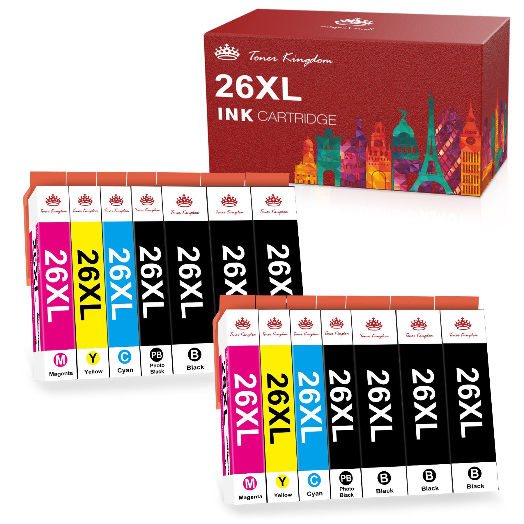 Toner Kingdom 26XL T2621 für EPSON 26 Druckerpatronen XP510 XP520 XP600 XP605 Tintenpatrone (14-tlg)